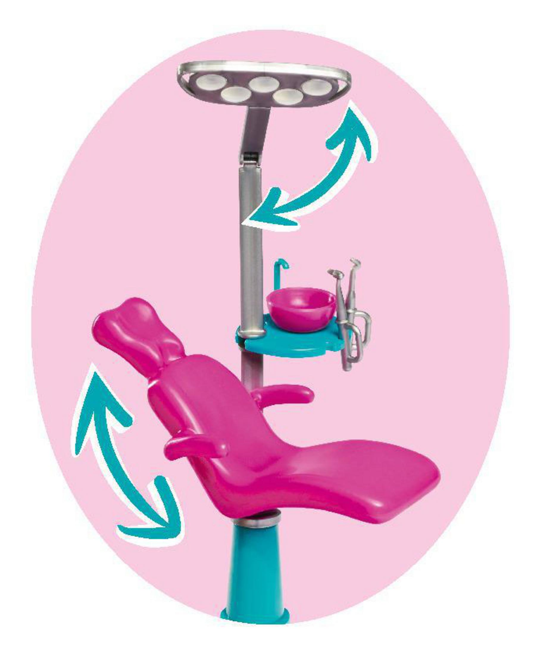 Pinker Zahnarztstuhl und Ausrüstung mit Pfeilen, die die Einstellrichtungen anzeigen.