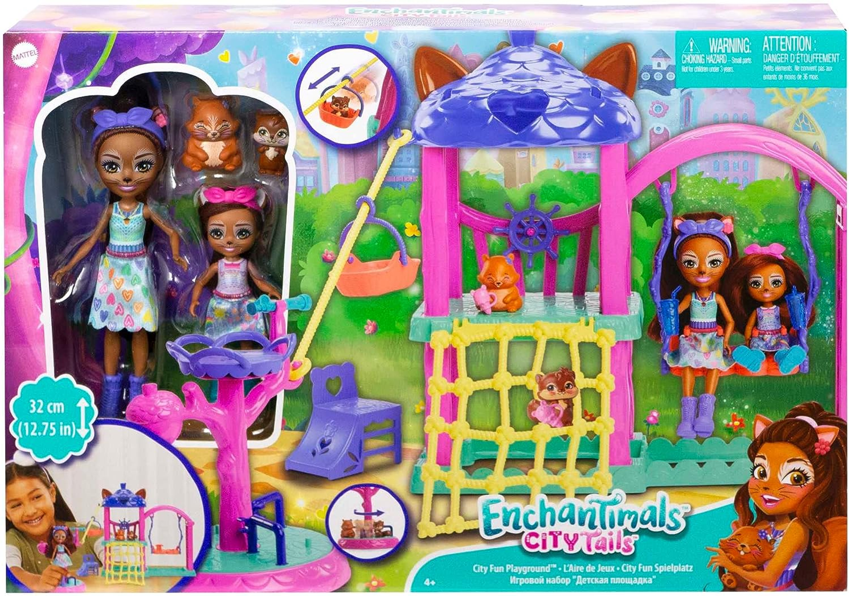 Zestaw do zabawy Enchantimals z lalkami, zwierzętami i sprzętem do zabawy.