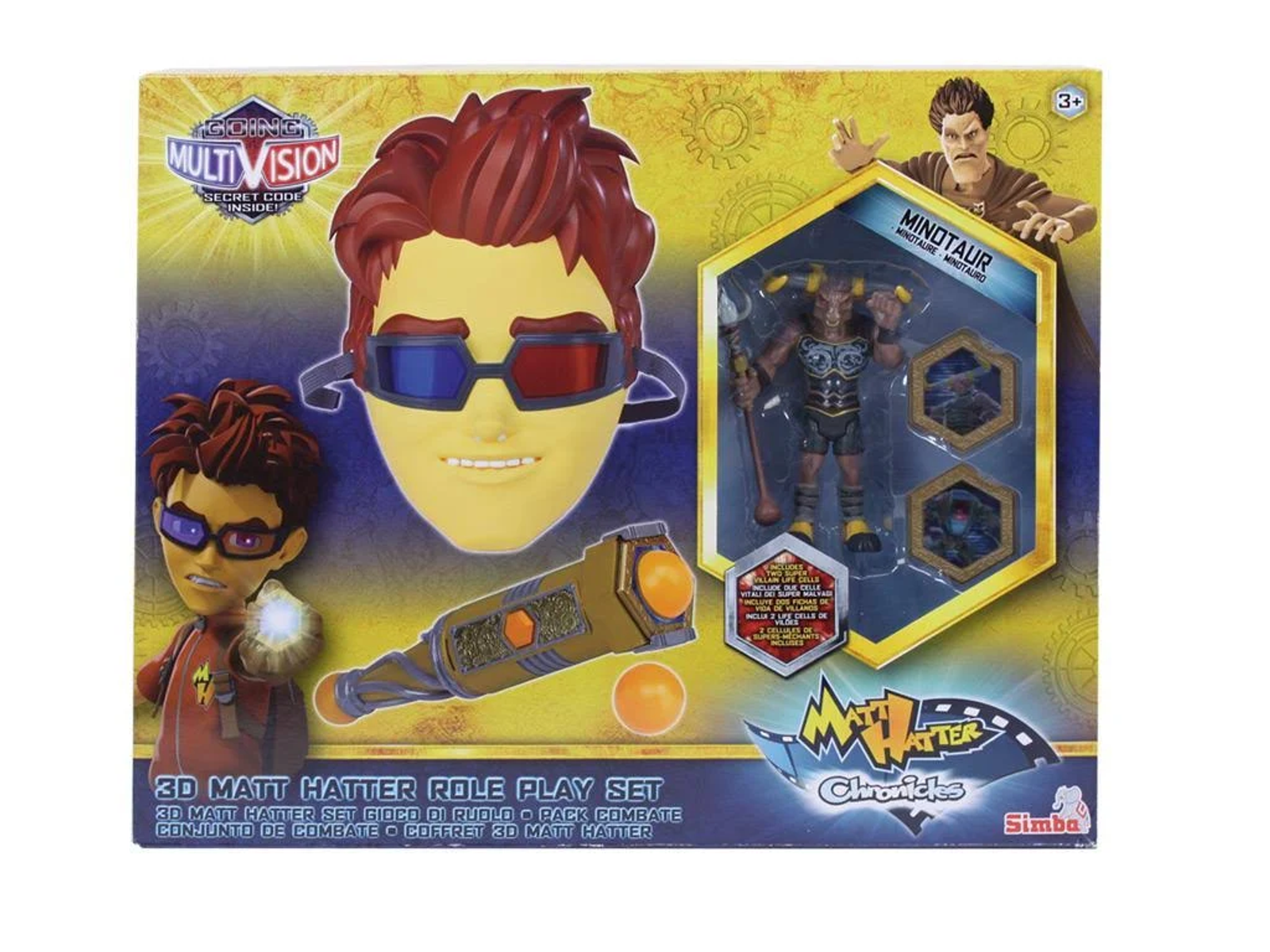 Zestaw zabawek z figurką Minotaura, maską i okularami 3D. Pudełko z kreskówką.