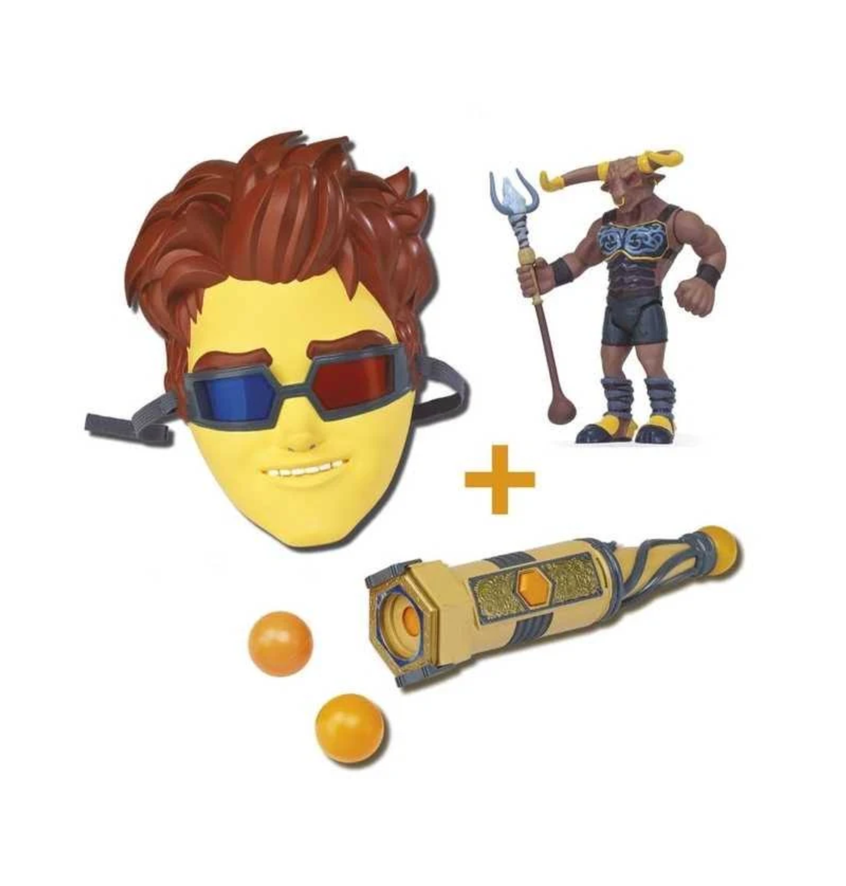 Zabawkowa maska, okulary i figurka minotaura z trójzębem. Zawiera dwie kule.