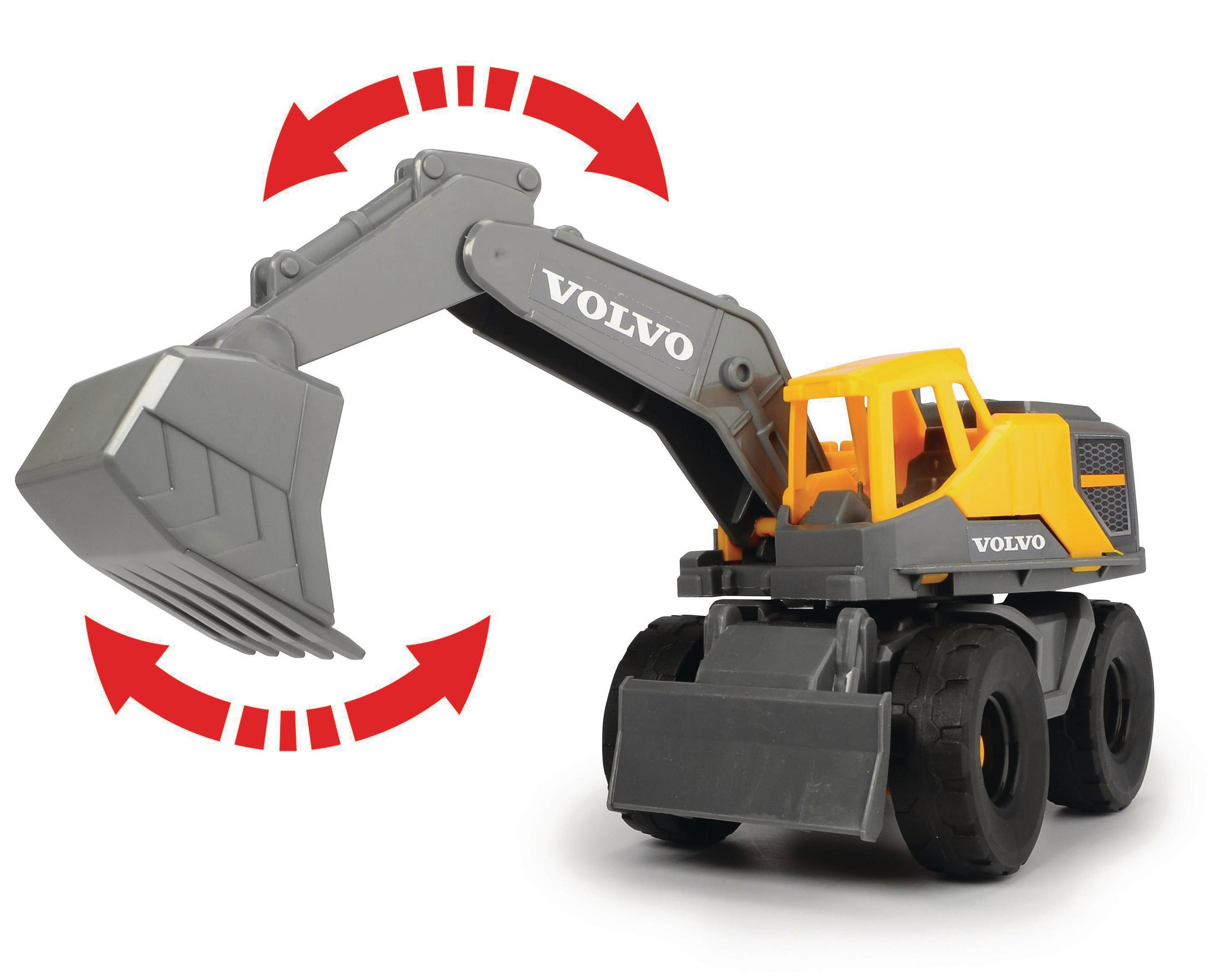 Ein gelb-graues Volvo-Bagger-Spielzeug. Die Schaufel ist angehoben und zeigt die Bewegung des Arms.