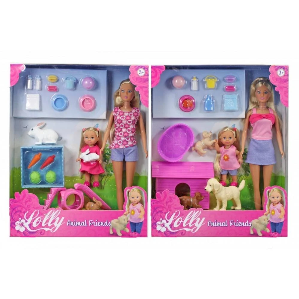 Dwa zestawy lalek z lalkami, akcesoriami i tematycznymi zestawami do zabawy z zwierzętami.