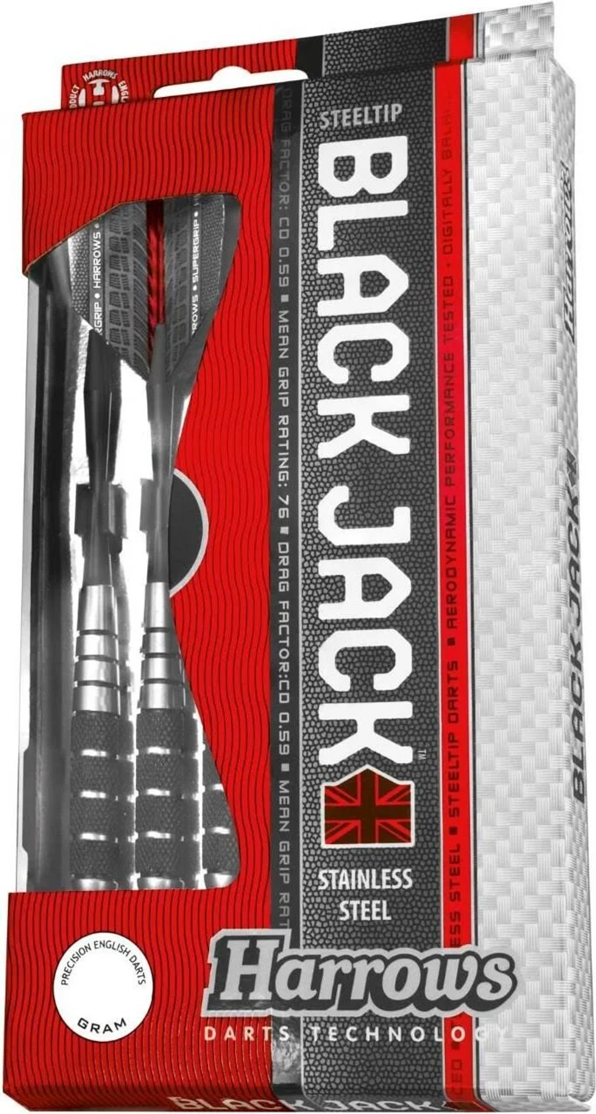 Dardos Black Jack de punta de acero en caja. Contiene tres dardos, caja con detalles rojos y negros. Logotipo Black Jack.