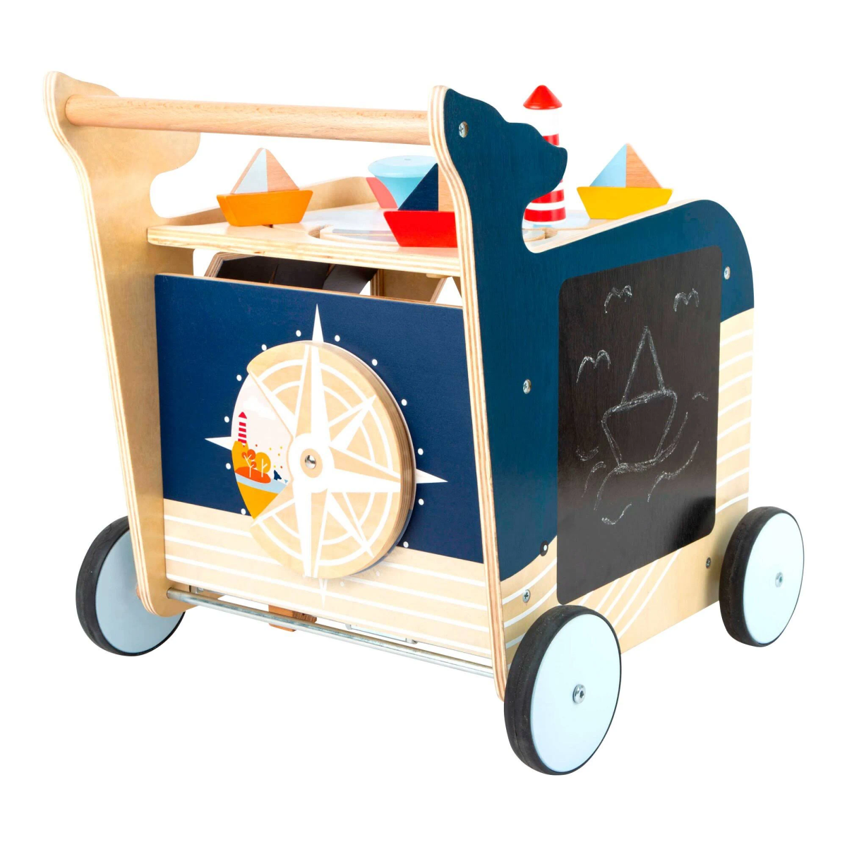 Andador de bebé de madera con tema de barco, brújula, botes y pizarra.