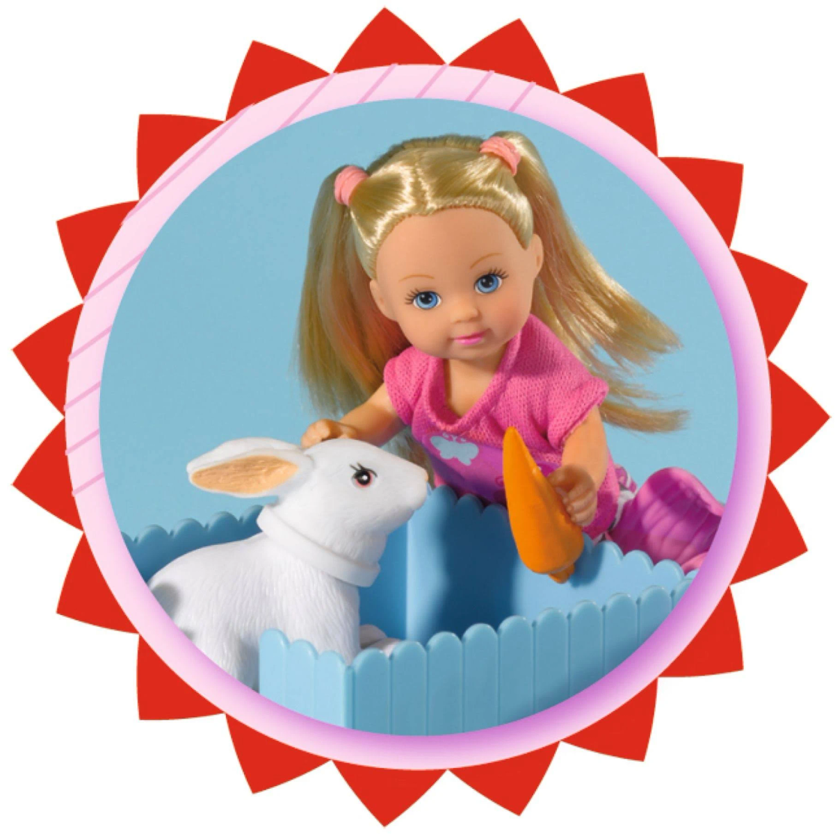 Lalka trzymająca marchewkę, z białym królikiem w niebieskim kojcu, wewnątrz różowego okręgu.