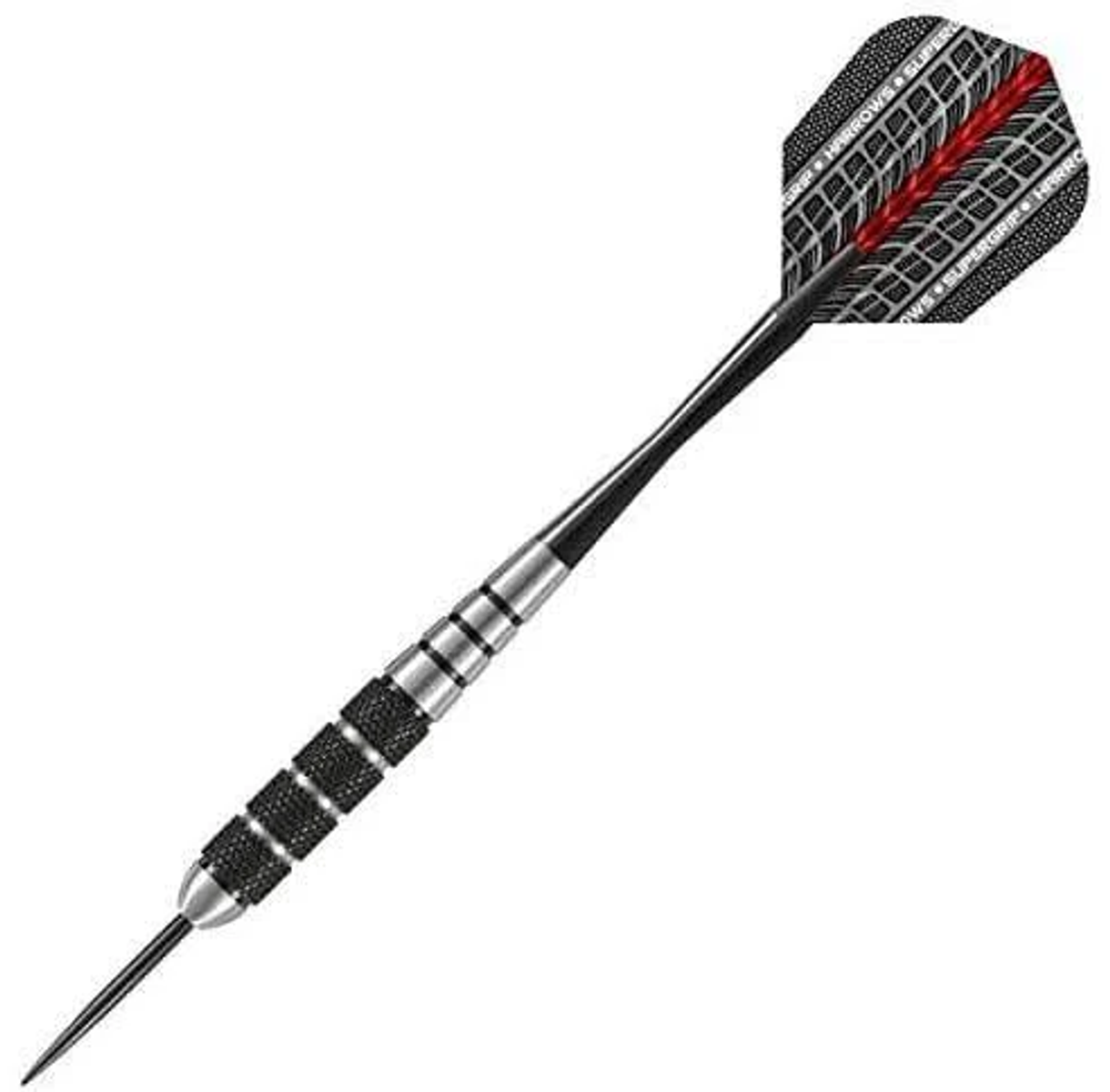 Un dardo con detalles en negro y plata. La pluma tiene un patrón a cuadros y rayas rojas.
