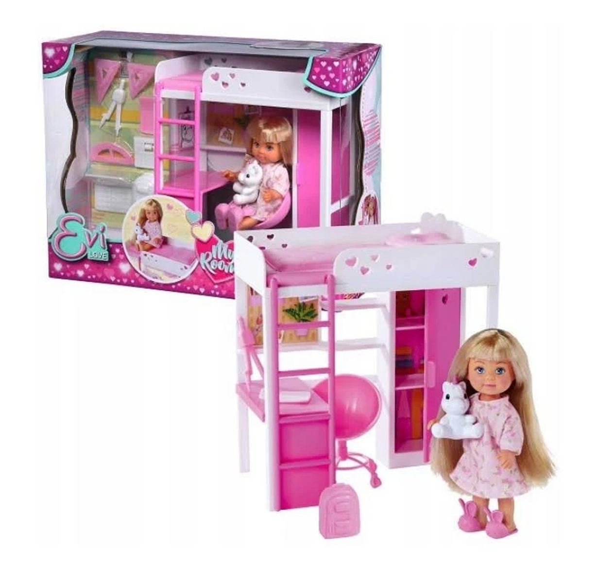 Eine Puppe in einem Schlafzimmer-Set. Es gibt ein Etagenbett, einen Schreibtisch und eine Puppe mit einem Spielzeug.