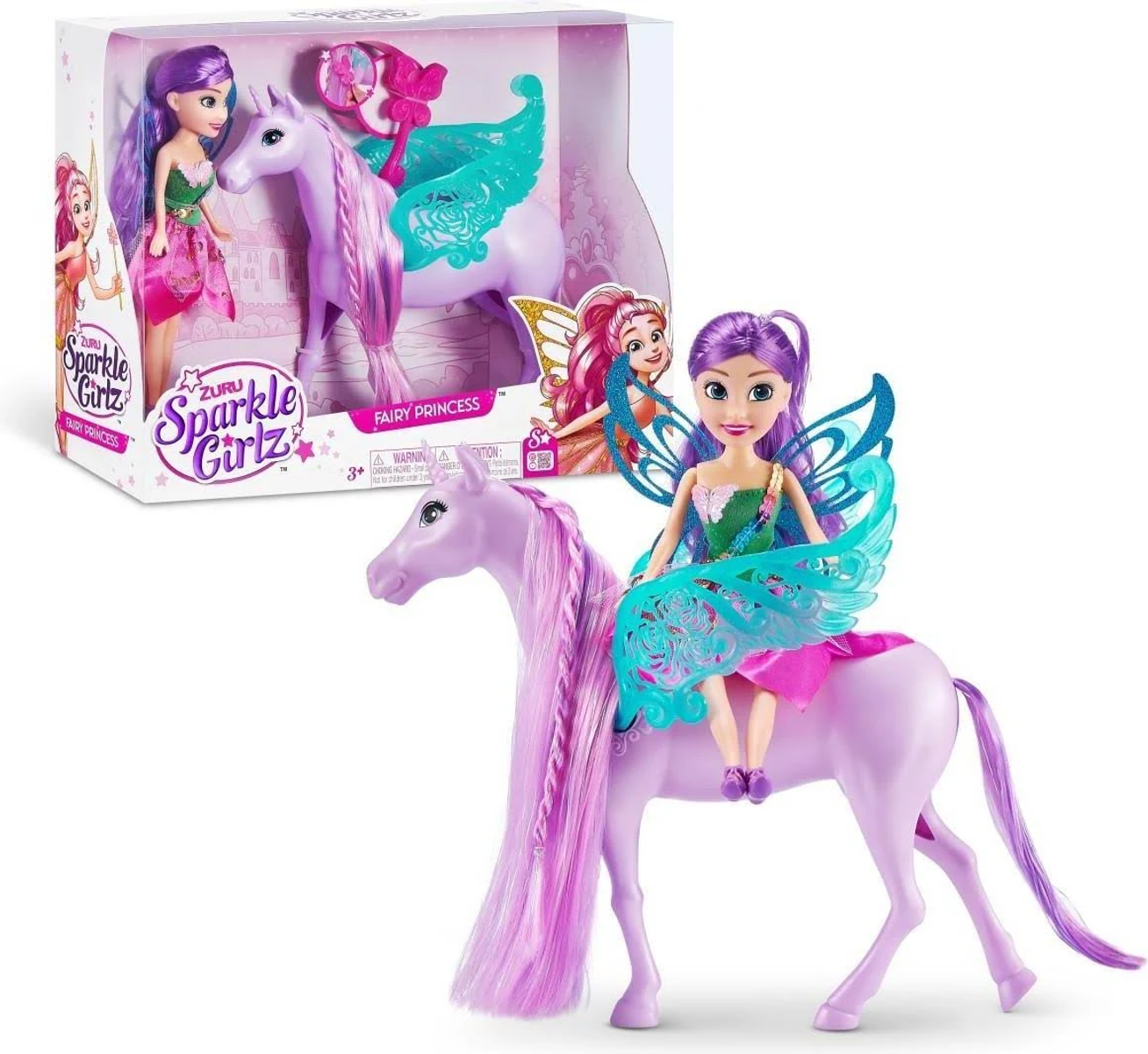 Eine Puppe reitet auf einem lila Einhorn mit einer Box im Hintergrund.