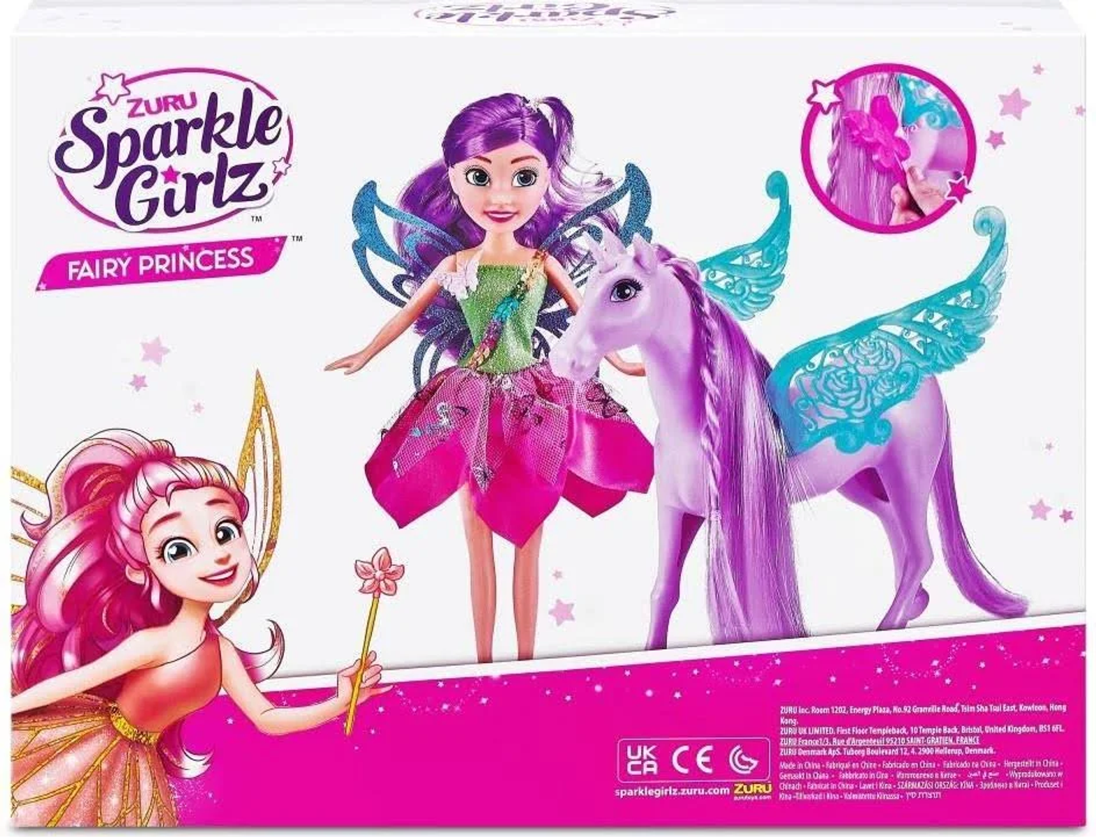 Box mit einer Feenpuppe und einem lila Einhorn. Der Hintergrund hat eine Feenillustration.