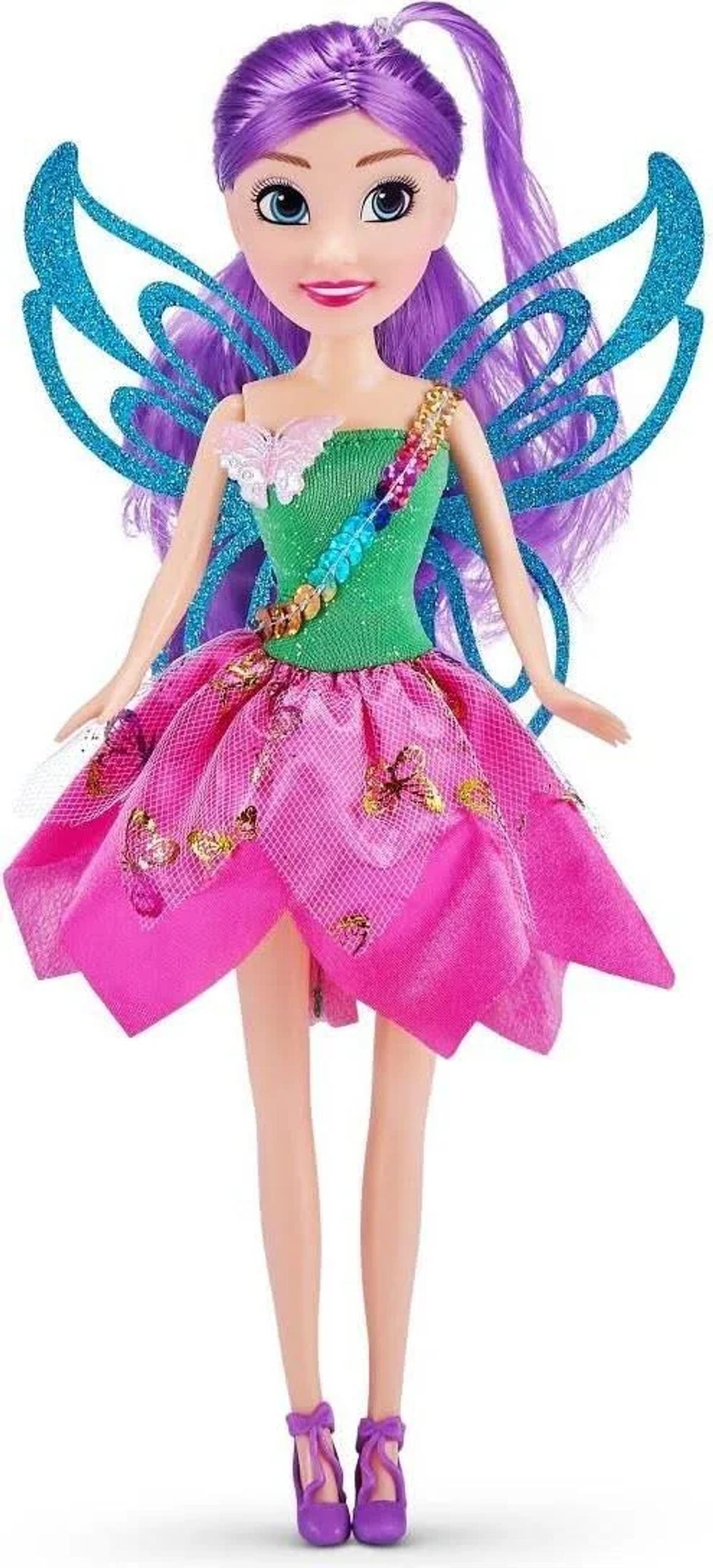 Eine Puppe mit lila Haaren, einem grünen Oberteil und einem rosa Rock. Sie hat Schmetterlingsflügel und lila Schuhe.