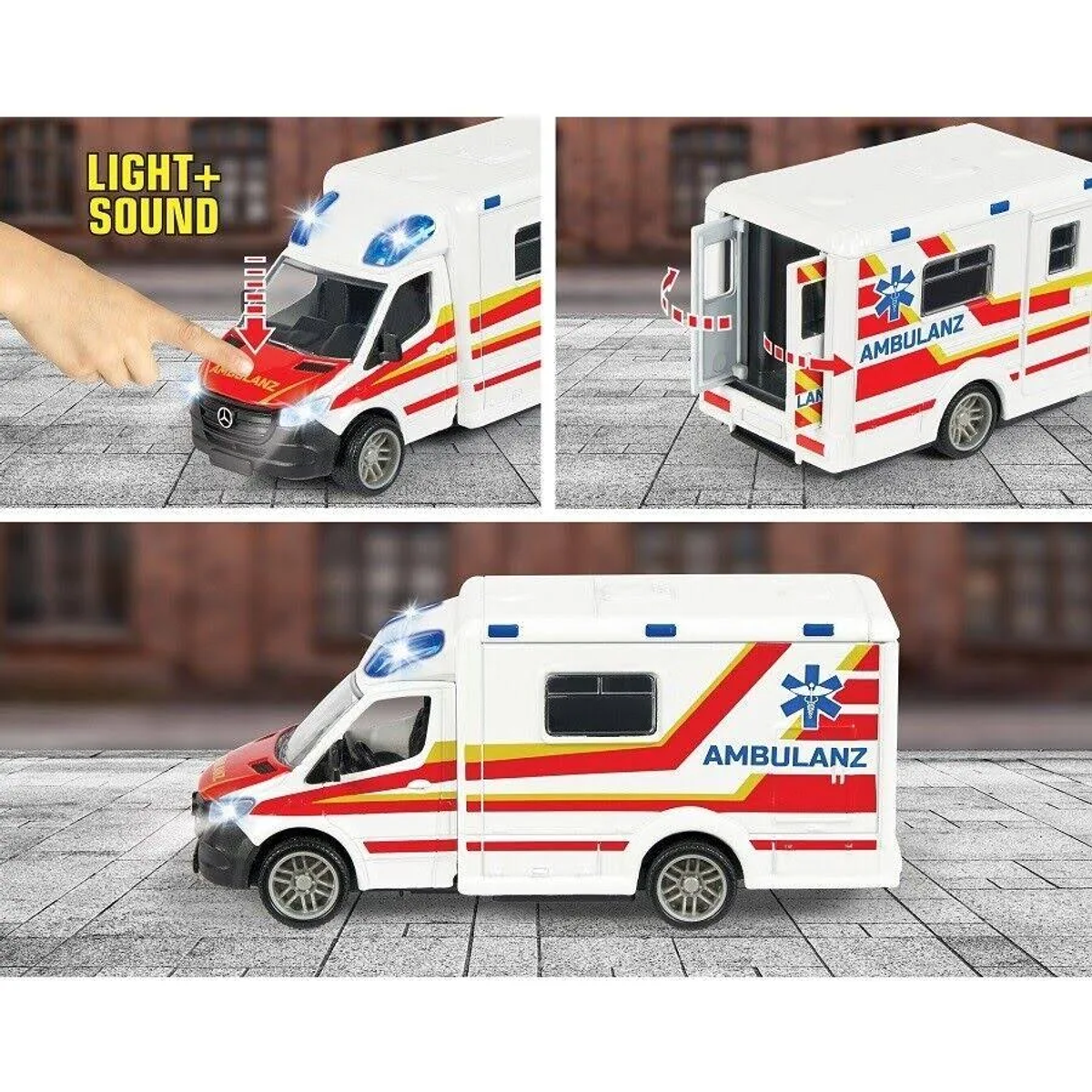 Spielzeug-Krankenwagen mit Licht und Sound. Zeigt eine Hand, die den Knopf drückt.