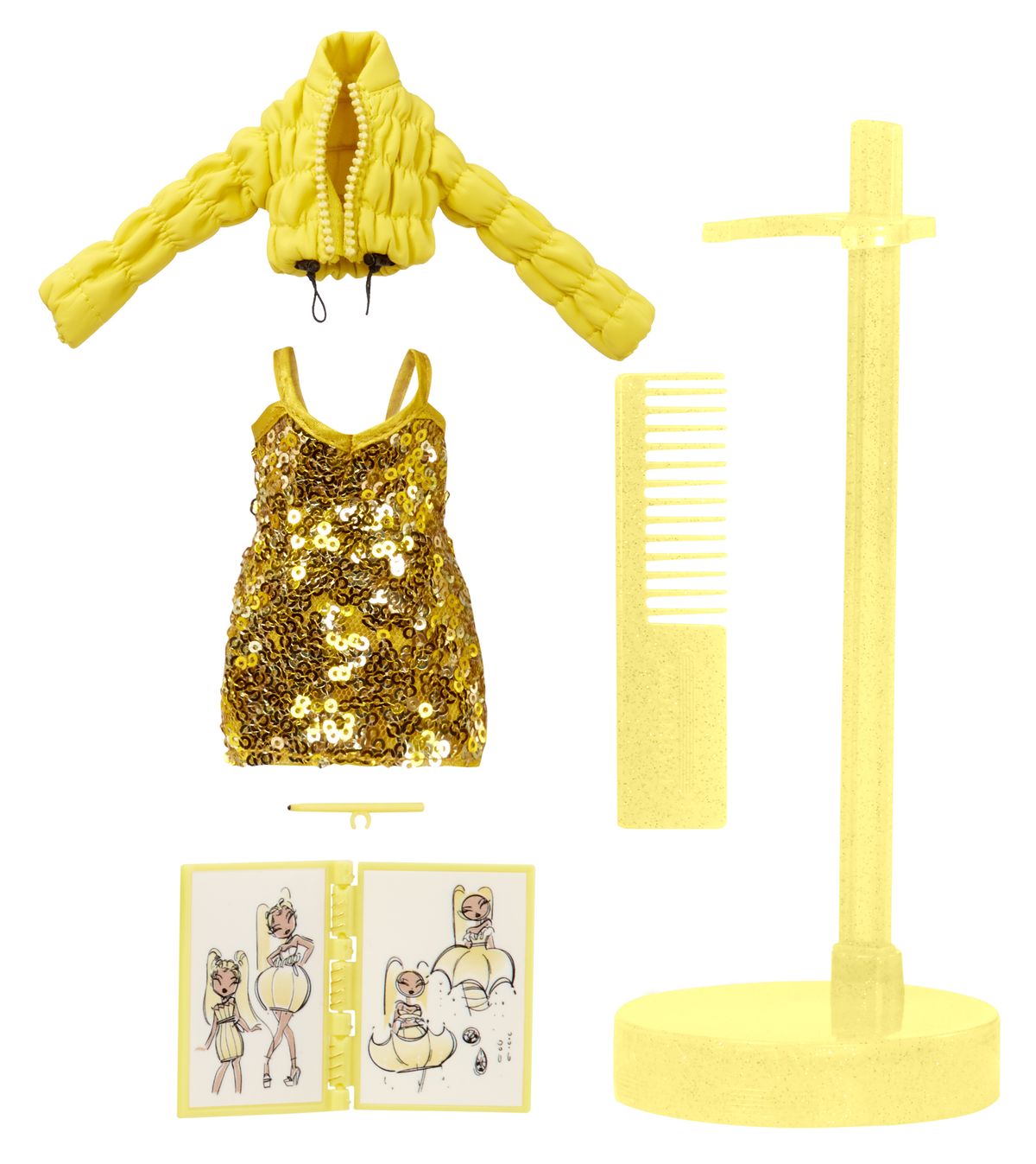 Akcesoria modowe dla lalek: żółta kurtka, złota sukienka, grzebień, stojak i szkicownik.