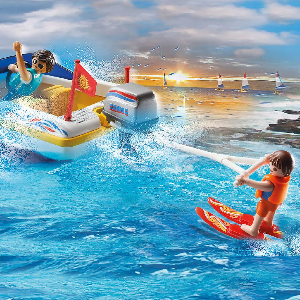 Scena zabawek: łódź ciągnąca narciarza wodnego na falującym, niebieskim morzu.