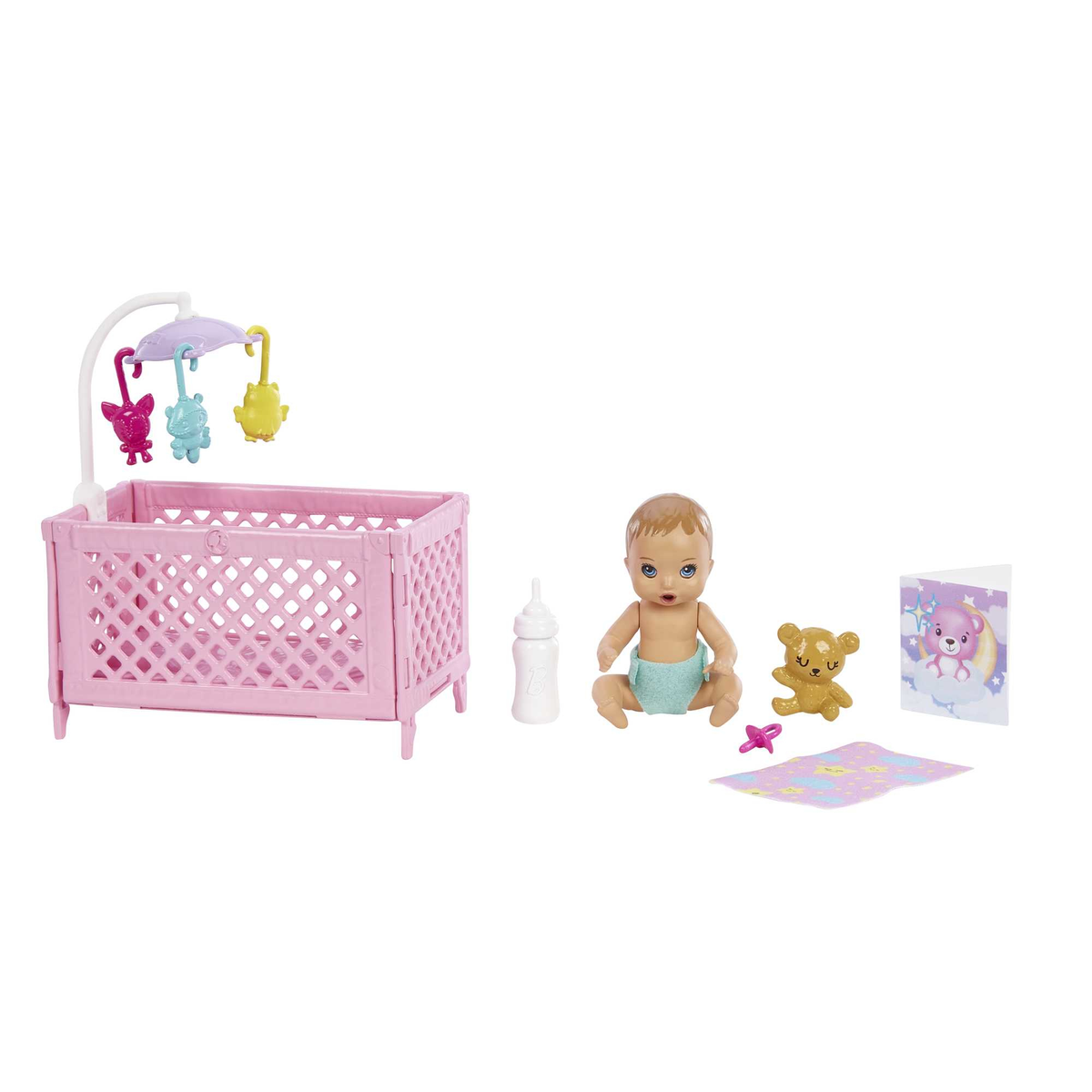 Ein Babyspielzeugset mit einem rosa Kinderbett, einer Babypuppe, einem Bären, einer Flasche und einer Karte.