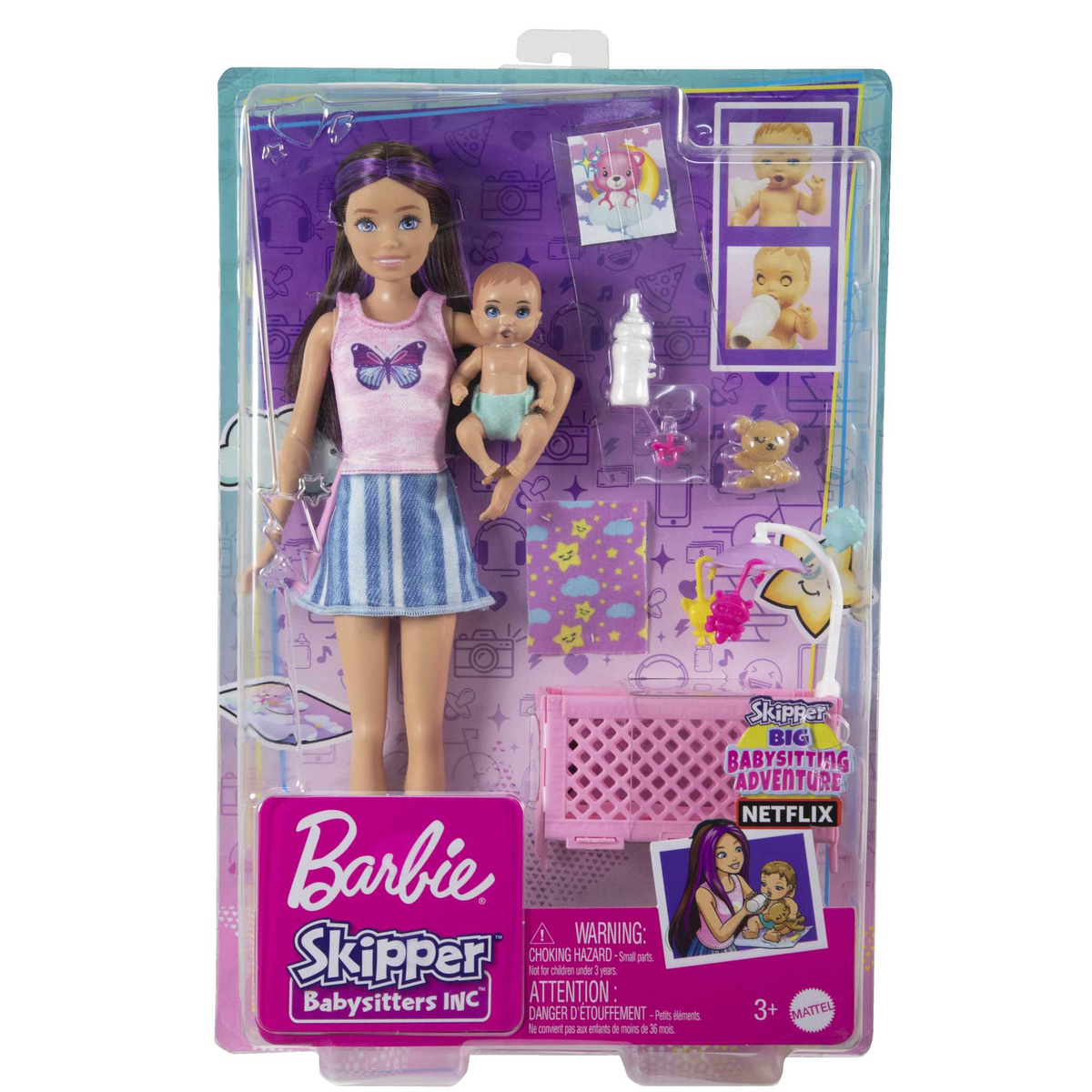 Barbie-Puppe mit Baby-Puppe in Verpackung. Rosa-blaues Thema. Die Box hat Bilder von anderen Babyartikeln.