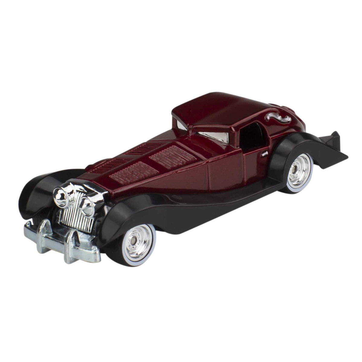 Bordowy samochodzik z czarnymi błotnikami i srebrnymi kołami zaparkowany na białej powierzchni.