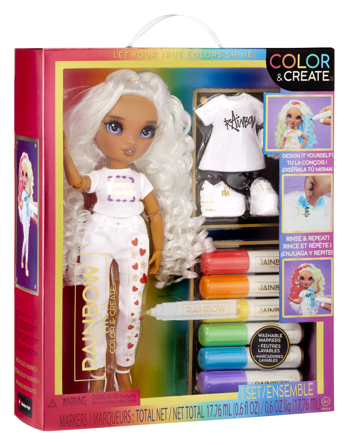 Una muñeca con un atuendo colorido y un kit de maquillaje. Se muestran marcadores, una muñeca y ropa.