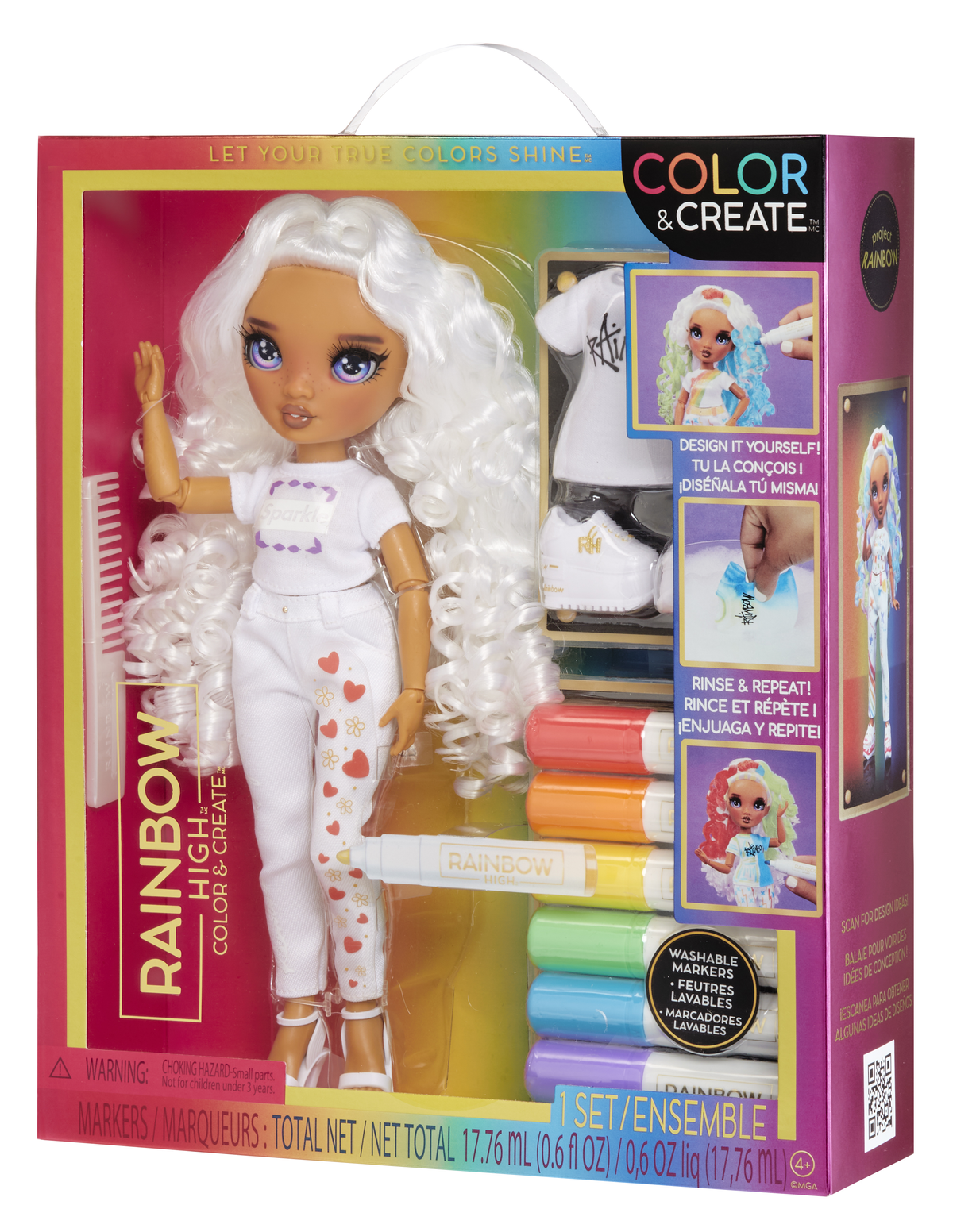 Muñeca con cabello y ropa blancos. Marcadores, guías de diseño y caja visibles.