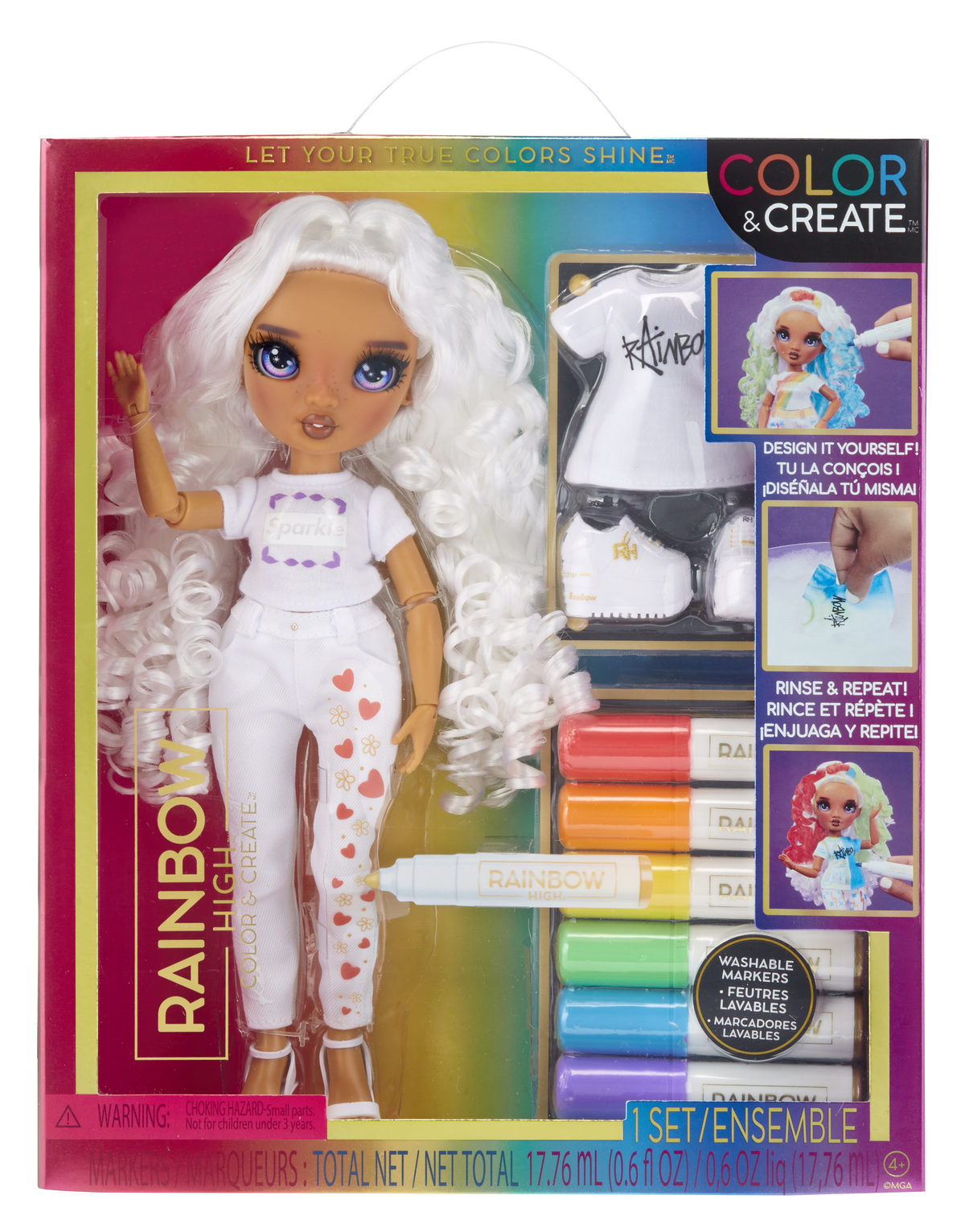Muñeca con atuendo blanco, pelo arcoíris y rotuladores. El embalaje tiene diseño y texto.