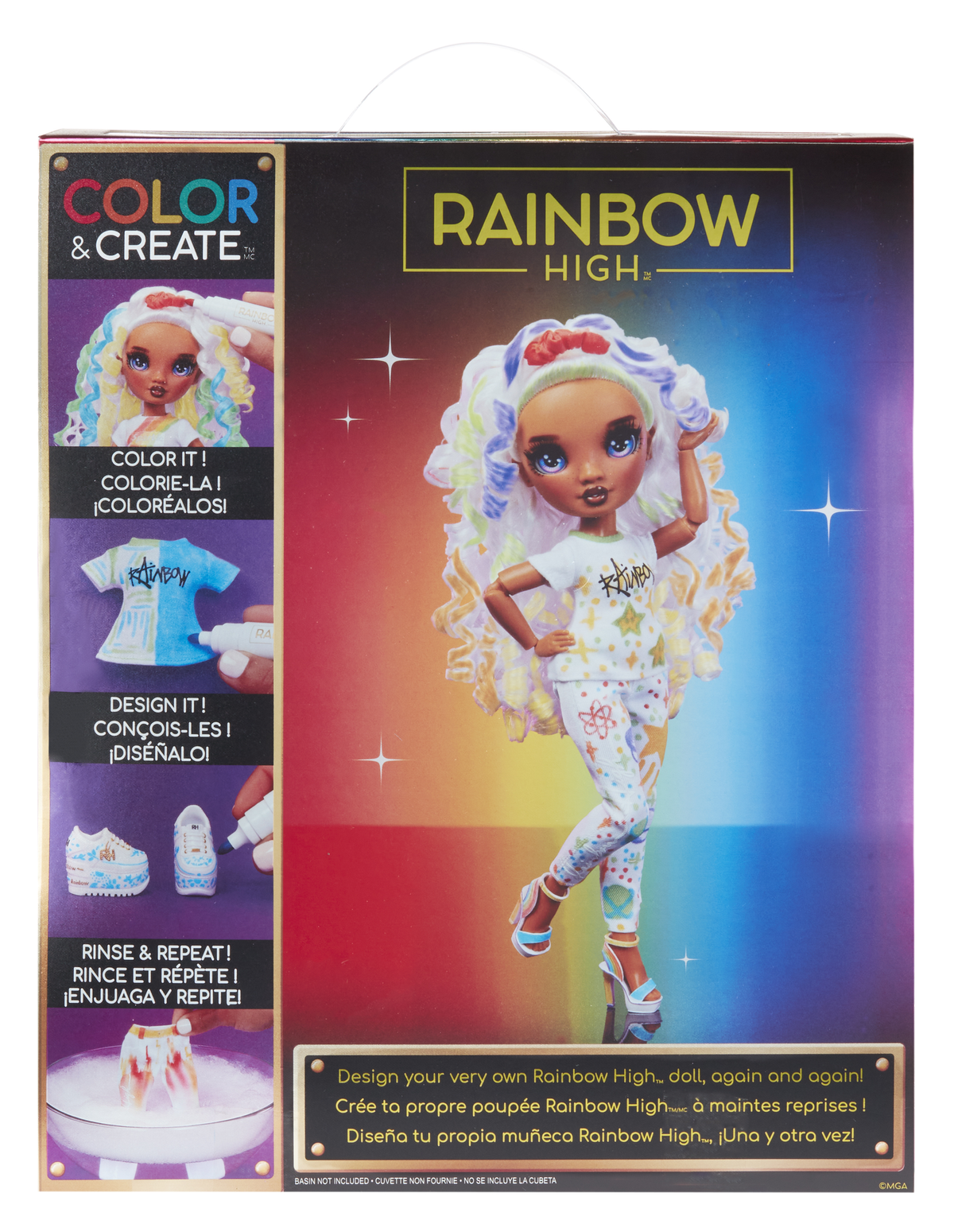 Muñeca Rainbow High con ropa que cambia de color, accesorios y texto.
