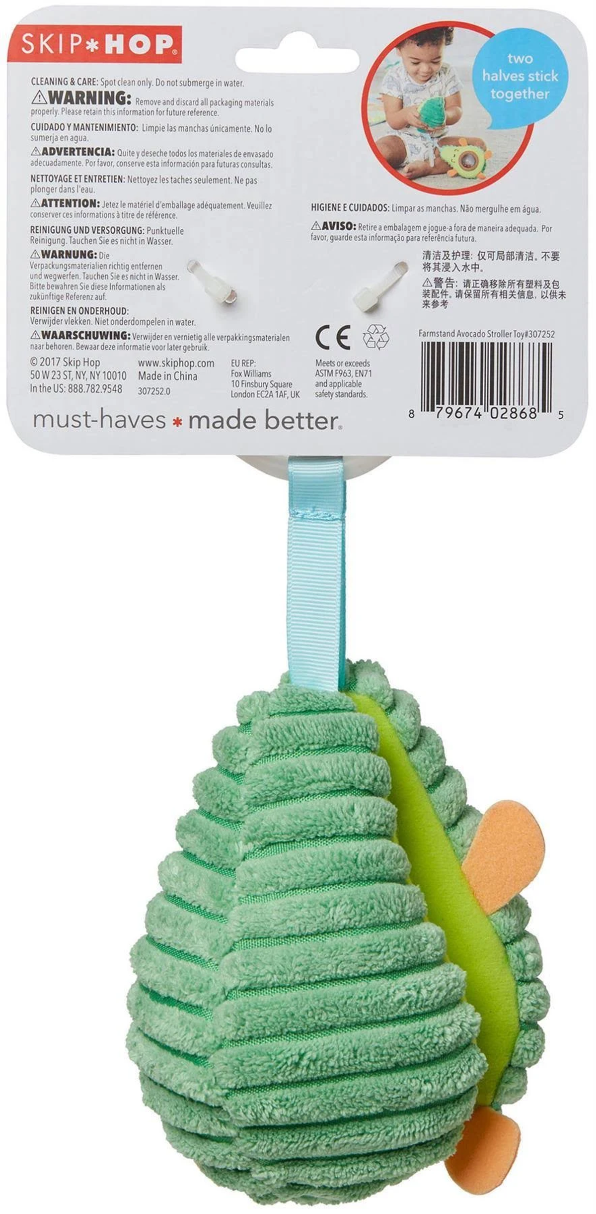 Verpackung für ein Babyspielzeug mit Anweisungen und einem Baby.