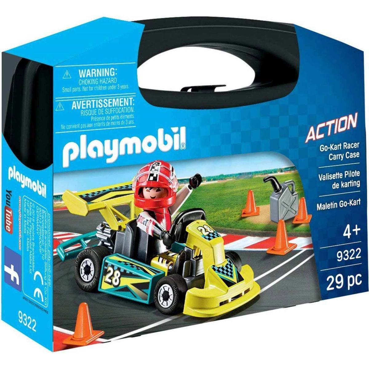 Zestaw Playmobil go-kart racer w walizce, z kierowcą i akcesoriami, na torze wyścigowym.