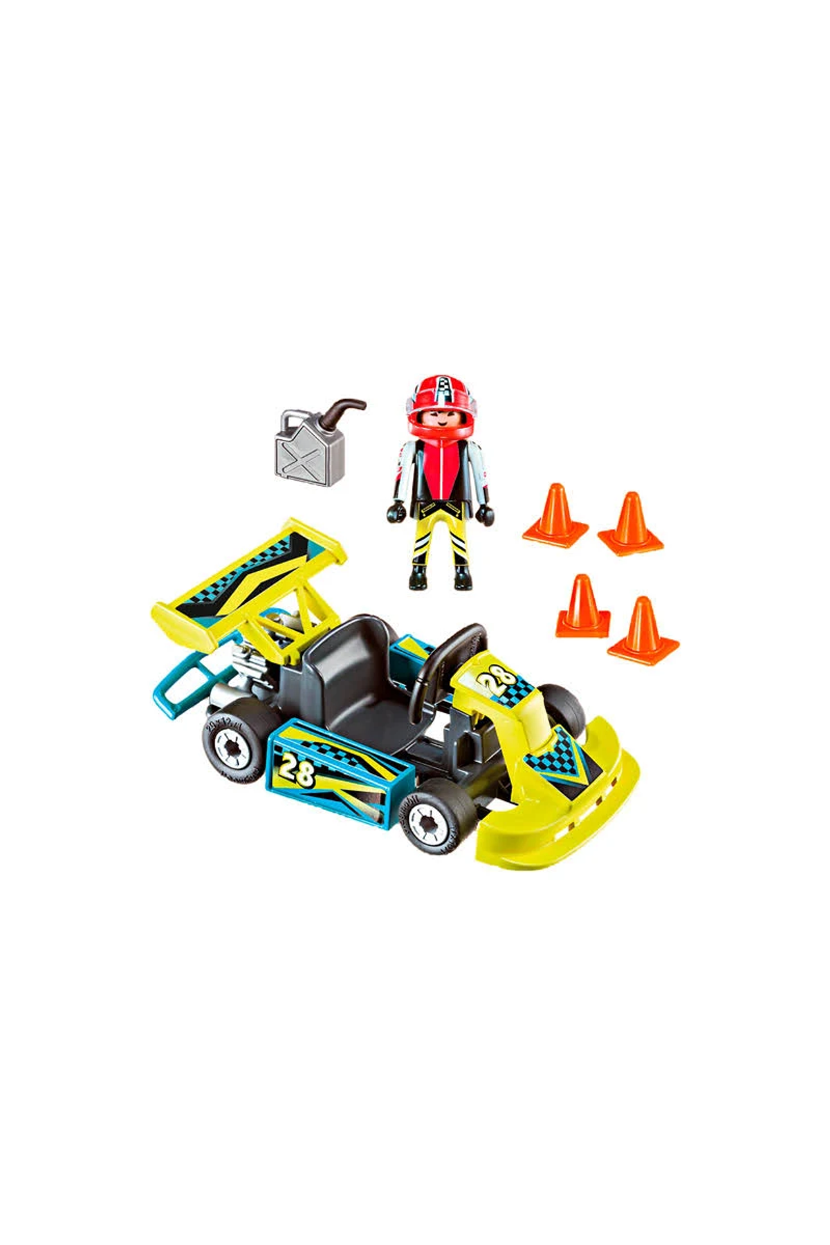 Żółta zabawka gokart z kierowcą wyścigowym i akcesoriami, takimi jak kanister i pachołki na białym tle.
