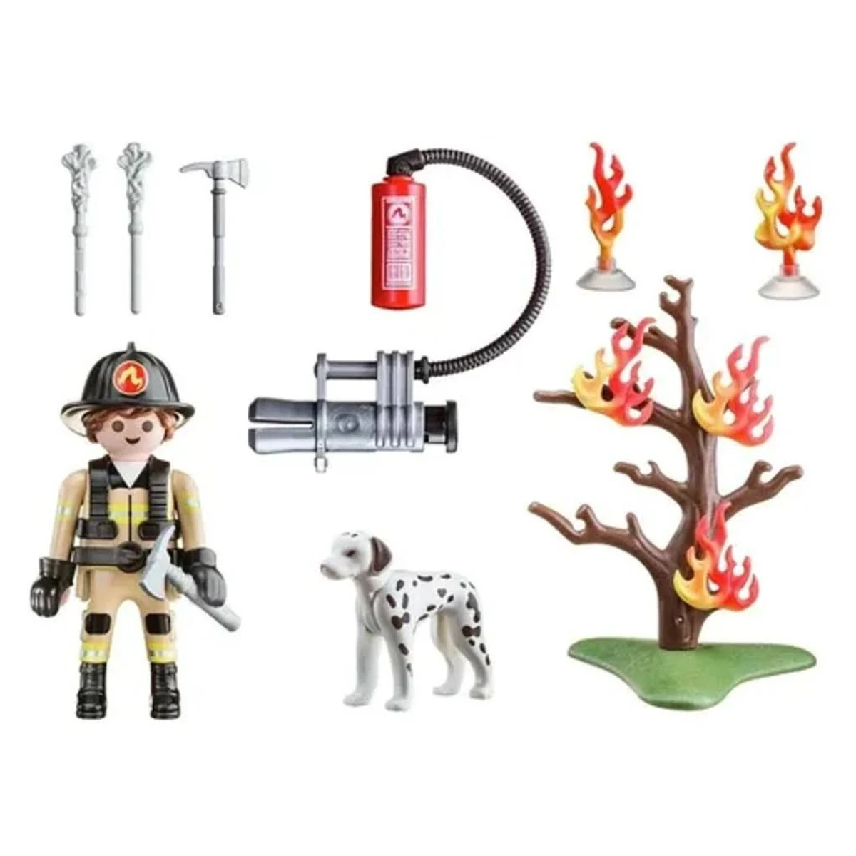 Zestaw zabawek strażackich z figurką strażaka, narzędziami, psem i płonącym drzewem.