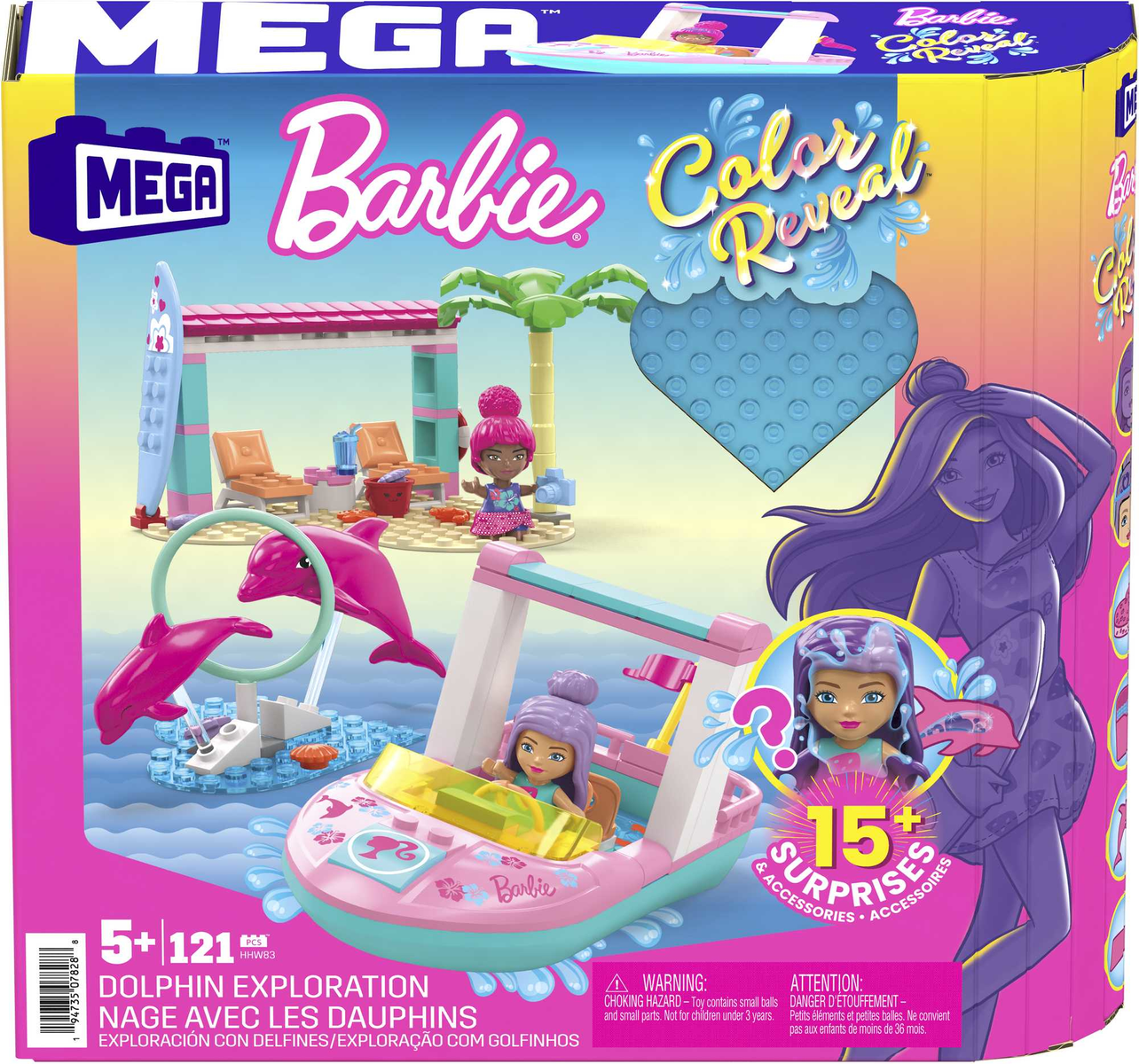 Zestaw Barbie Mega Construx w pudełku. Pudełko ma obraz Barbie i delfina.