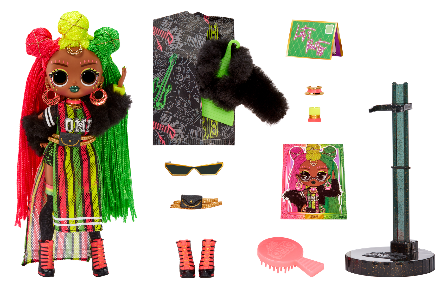 Eine Puppe mit bunten Haaren, vielen Accessoires und einem Neon-Outfit. Ein Ständer ist enthalten.