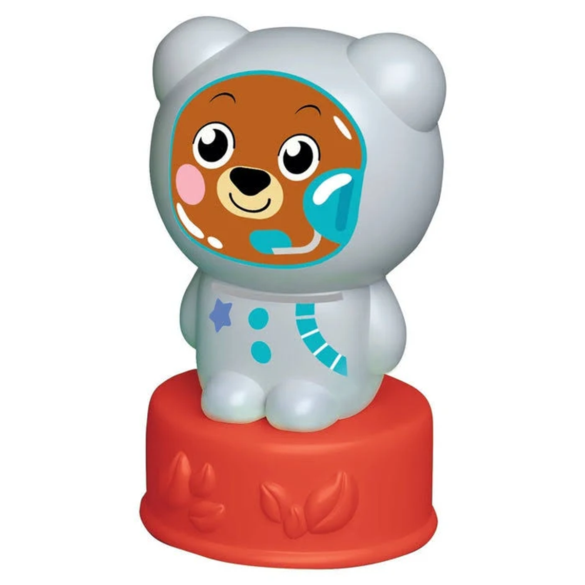 Juguete de oso de peluche astronauta sobre una base roja.