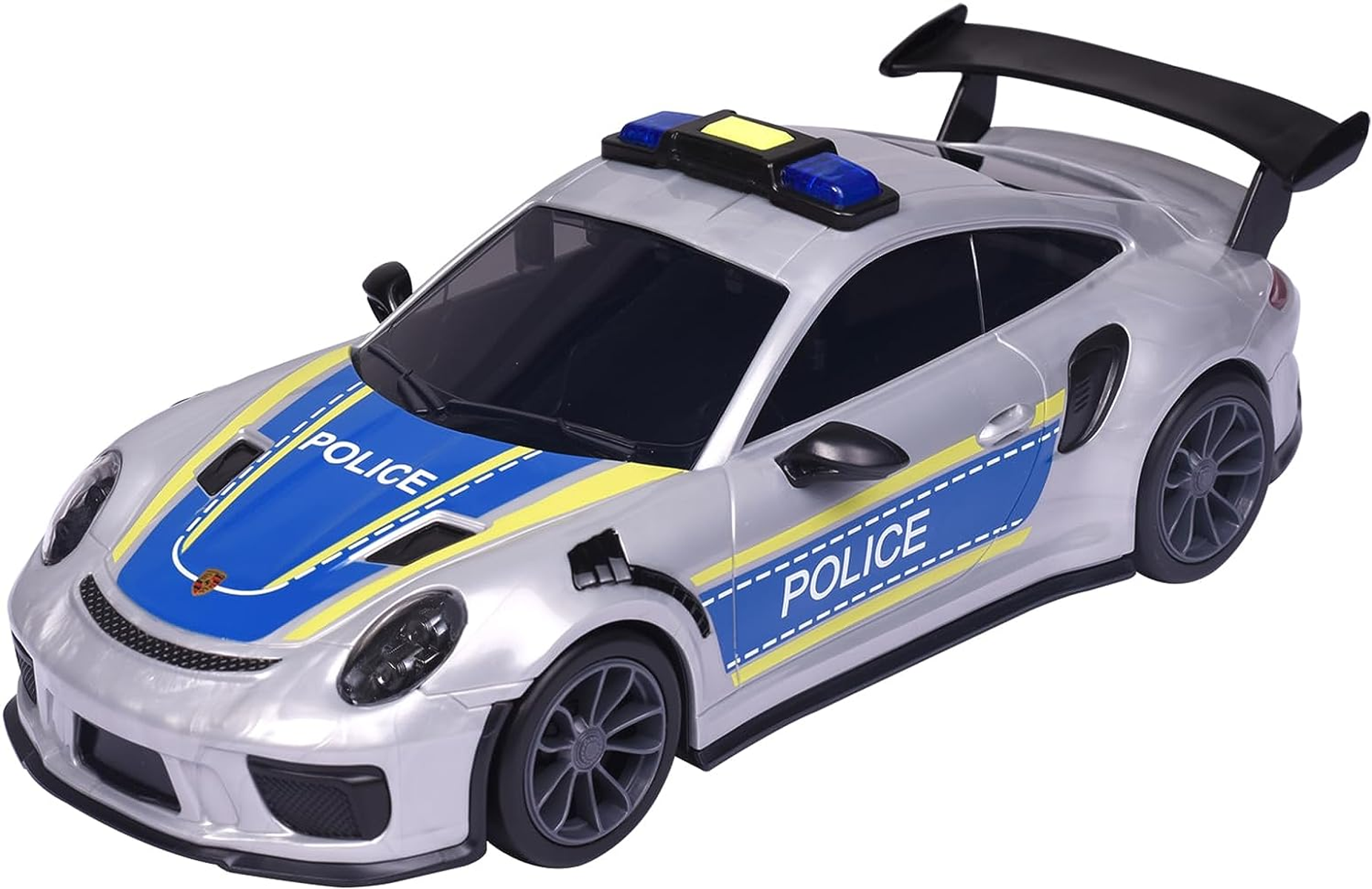 Un coche de policía de juguete plateado con luces azules y negras, y la palabra 'POLICE' en el lateral.