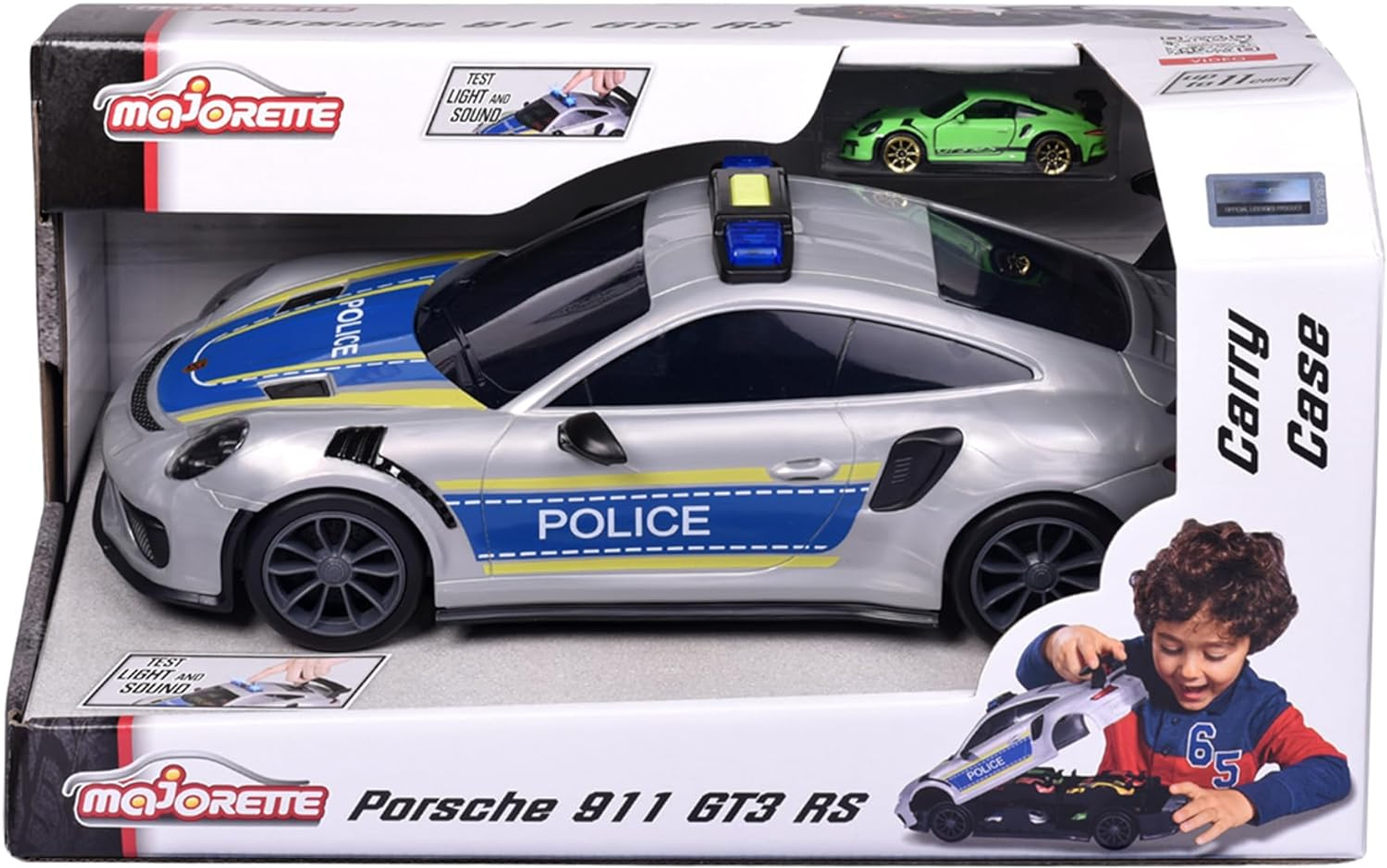 Caja de juguetes con coche de policía Porsche 911 GT3 RS y un niño jugando.