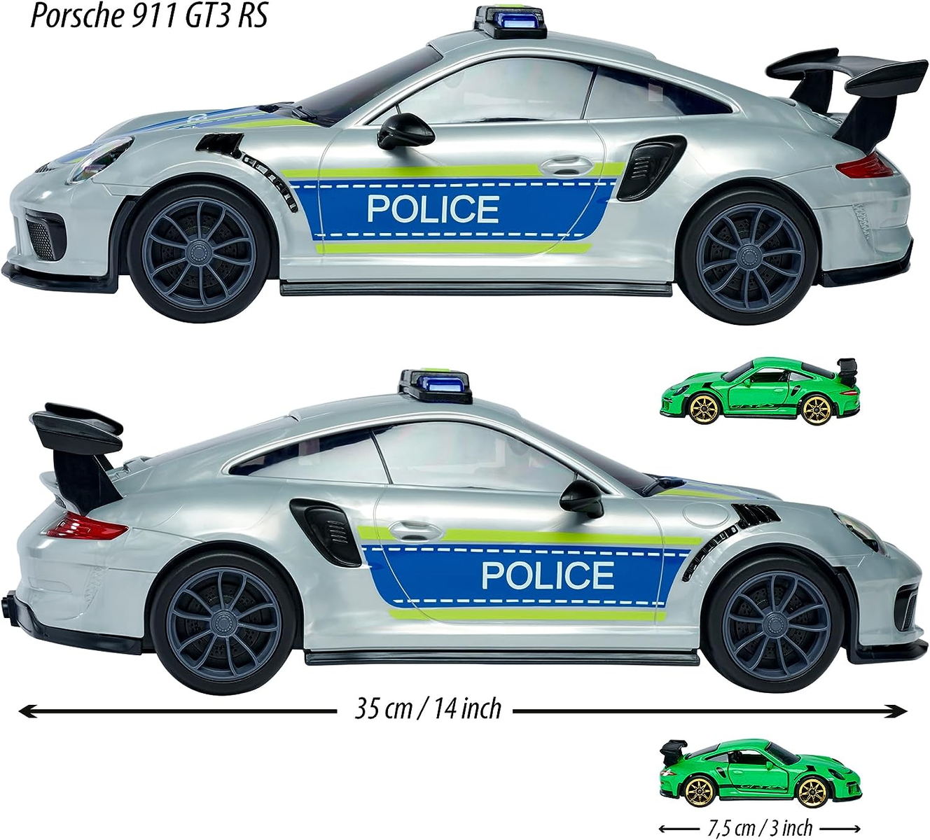 Dos coches de policía Porsche 911 GT3 RS de juguete plateados, con coches de juguete verdes en el fondo.