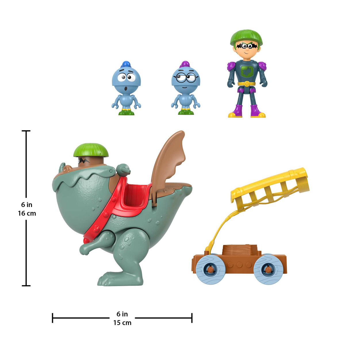 Juego de juguetes con un dinosaurio, figuras y una honda. El dinosaurio es verde con una silla de montar roja. Se proporcionan medidas.