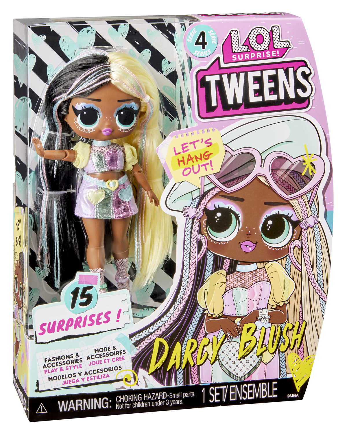 Lalka w pudełku. To lalka tween z długimi, dwukolorowymi włosami i kolorowymi ubraniami. Na pudełku napisane jest LOL Surprise Tweens.