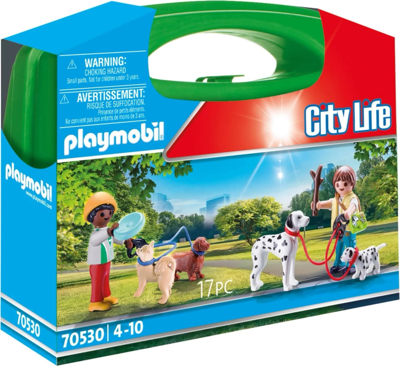 Zestaw Playmobil City Life: figurki z psami, tło parku i opakowanie.