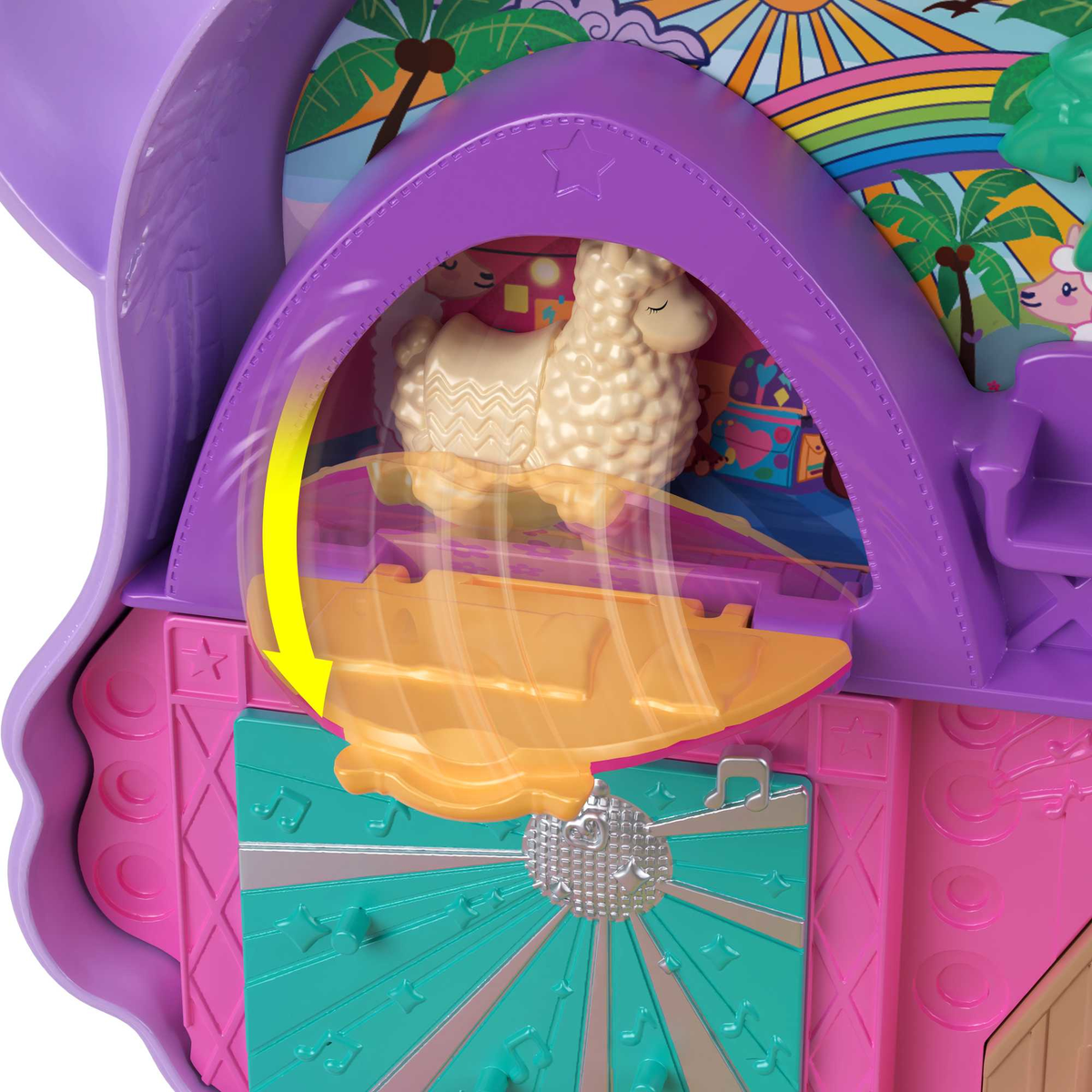 Polly Pocket Spielset mit Lamafigur im Inneren, Regenbogenhintergrund.
