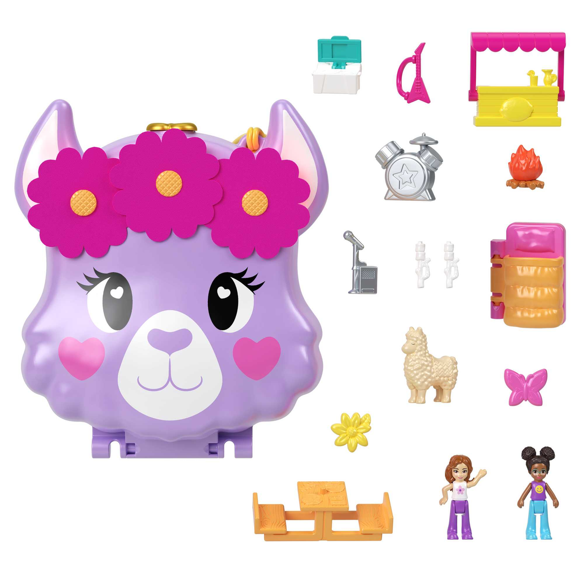 Ein lila lamaförmiges Spielset mit Zubehör. Merkmale sind Blumenakzente und zwei Figuren.
