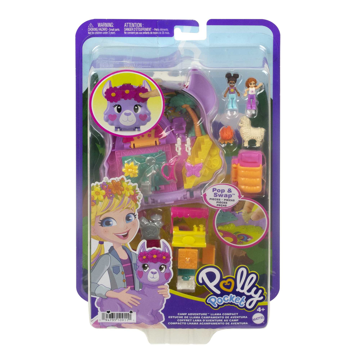 Ein Polly Pocket Spielset zum Thema Lama in einer Box, mit zwei Figuren und einem Lama. Die Box zeigt ein Mädchen, ein Lama und Campingausrüstung.