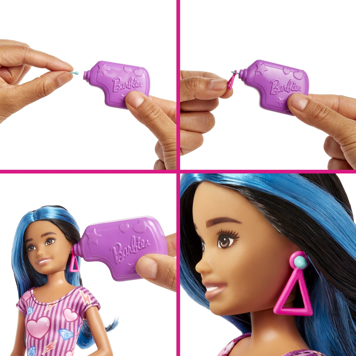 Set de accesorios para muñeca Barbie, con instrucciones para aplicar pendientes.