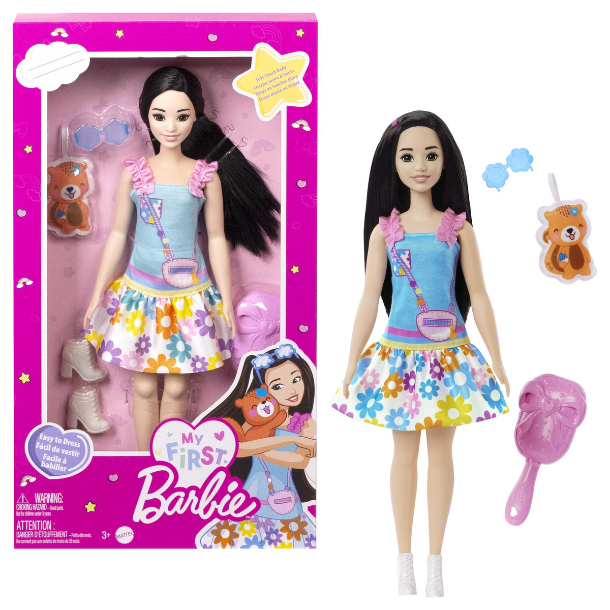 Eine My First Barbie-Puppe in ihrer Verpackung und die Puppe separat gezeigt.