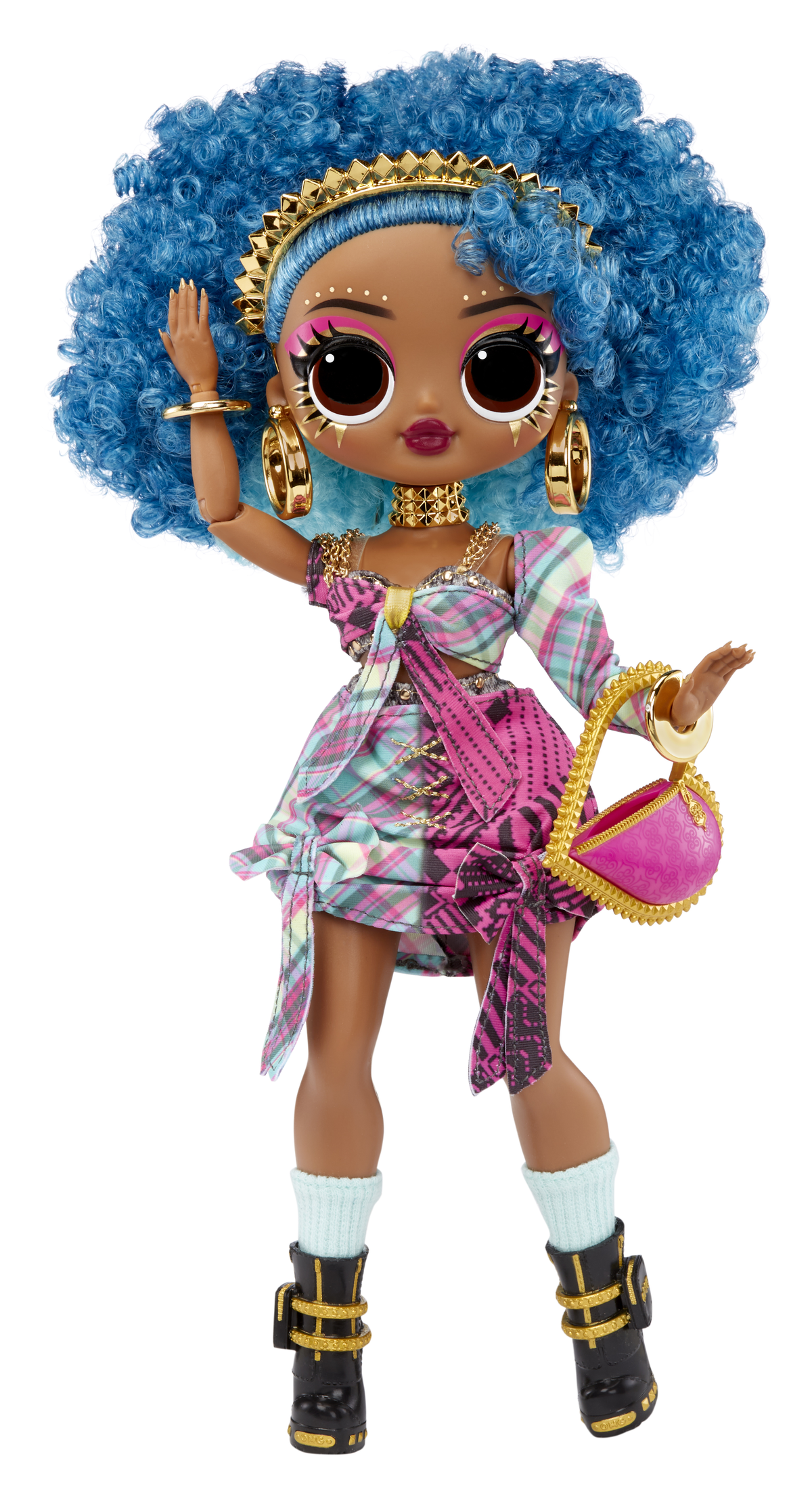 Lalka z niebieskimi włosami, w kolorowej sukience i złotych dodatkach. Trzyma różową torebkę.