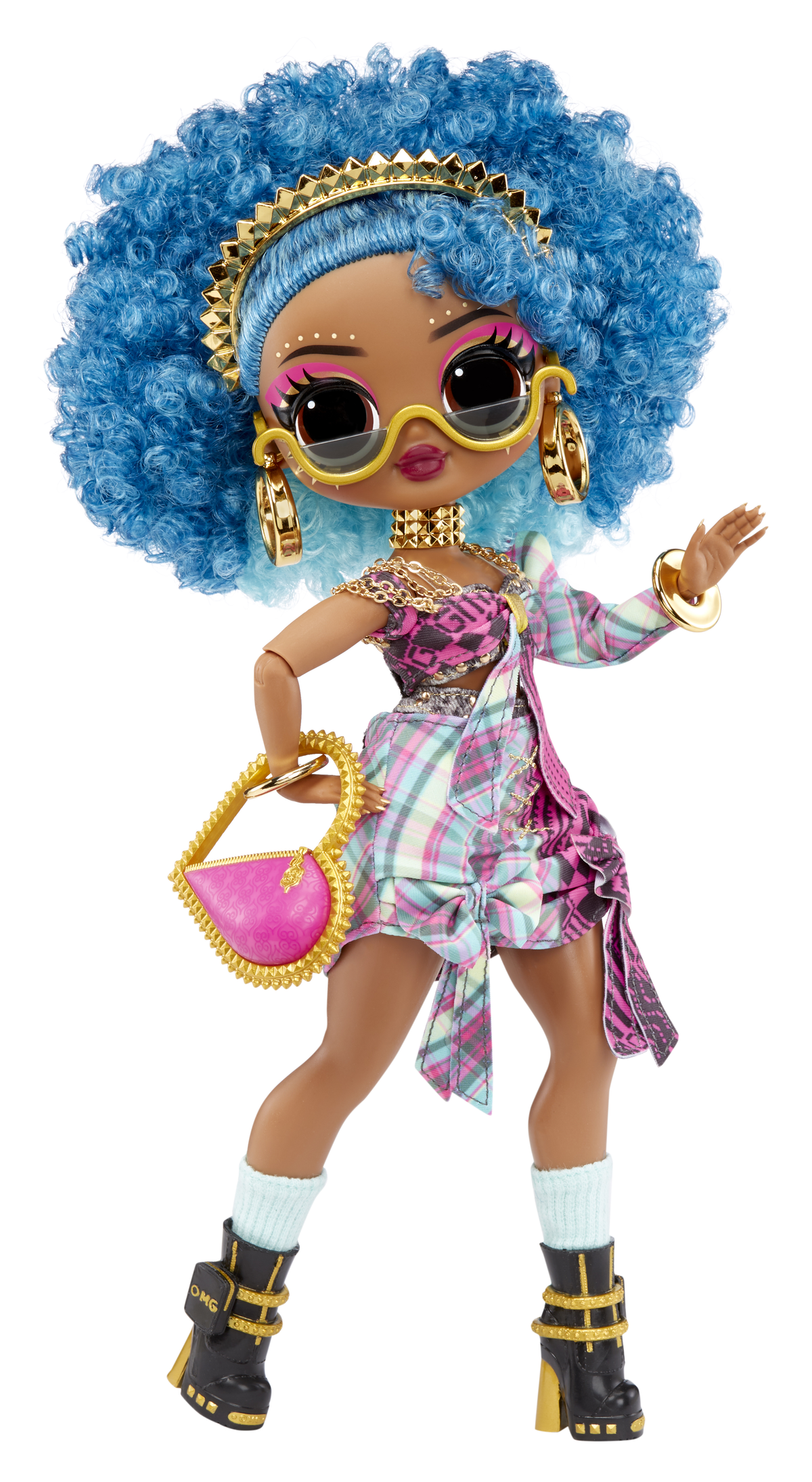 Modna lalka z niebieskimi włosami, okularami przeciwsłonecznymi i różową torebką.