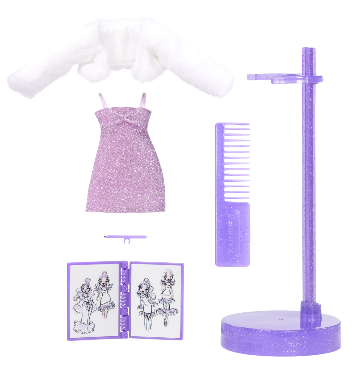 Sukienka dla lalek z akcesoriami, w tym grzebieniem, stojakiem i rysunkiem.