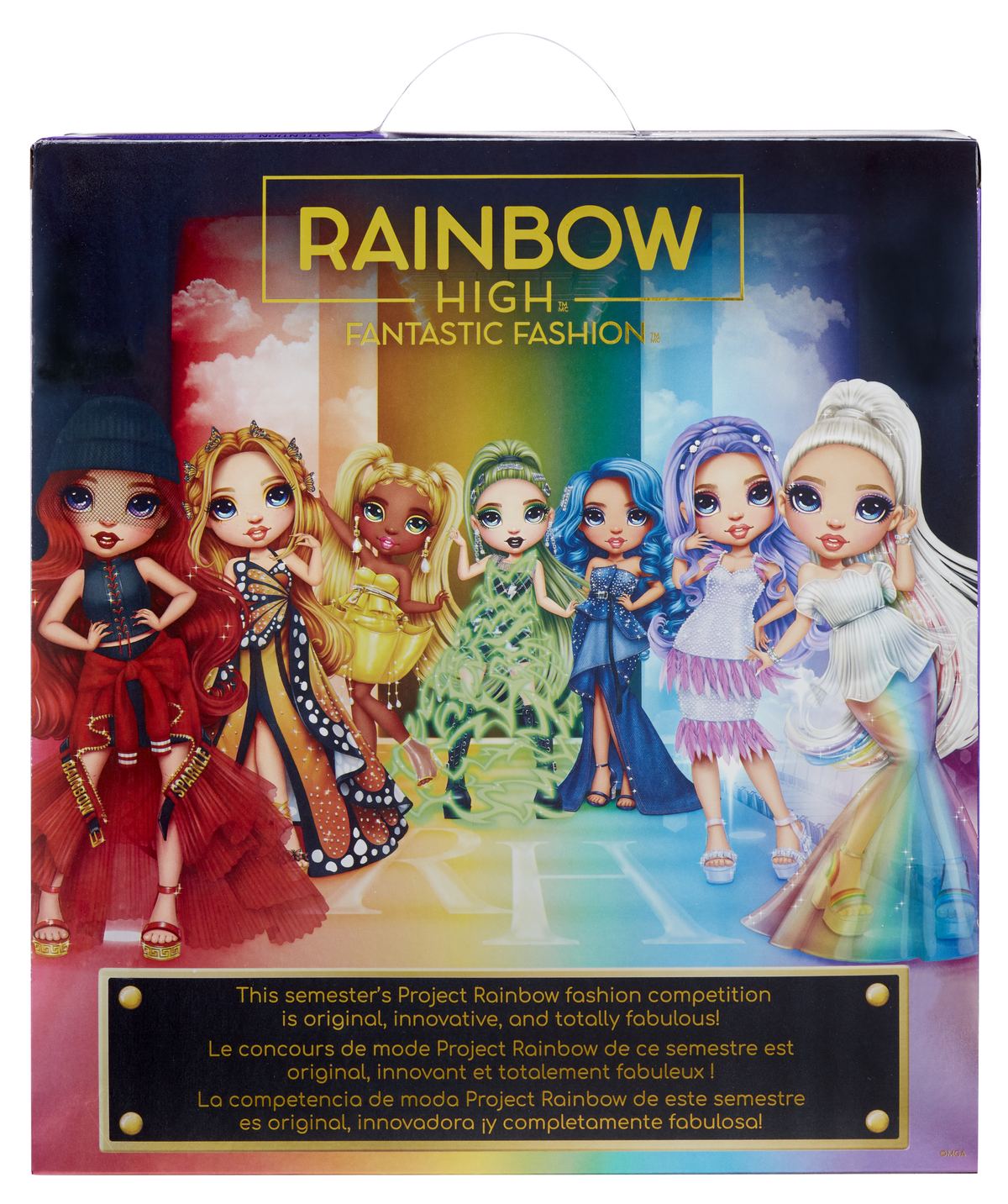 Pudełko z lalkami Rainbow High, z lalkami z przodu, kolorowe tło.