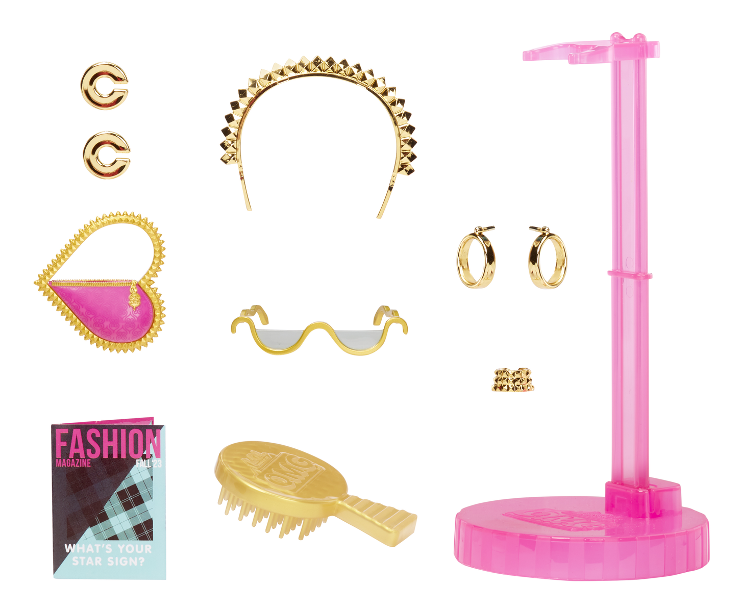 Akcesoria dla lalki: kolczyki, okulary, szczotka, magazyn, torebka, pierścionek i stojak.
