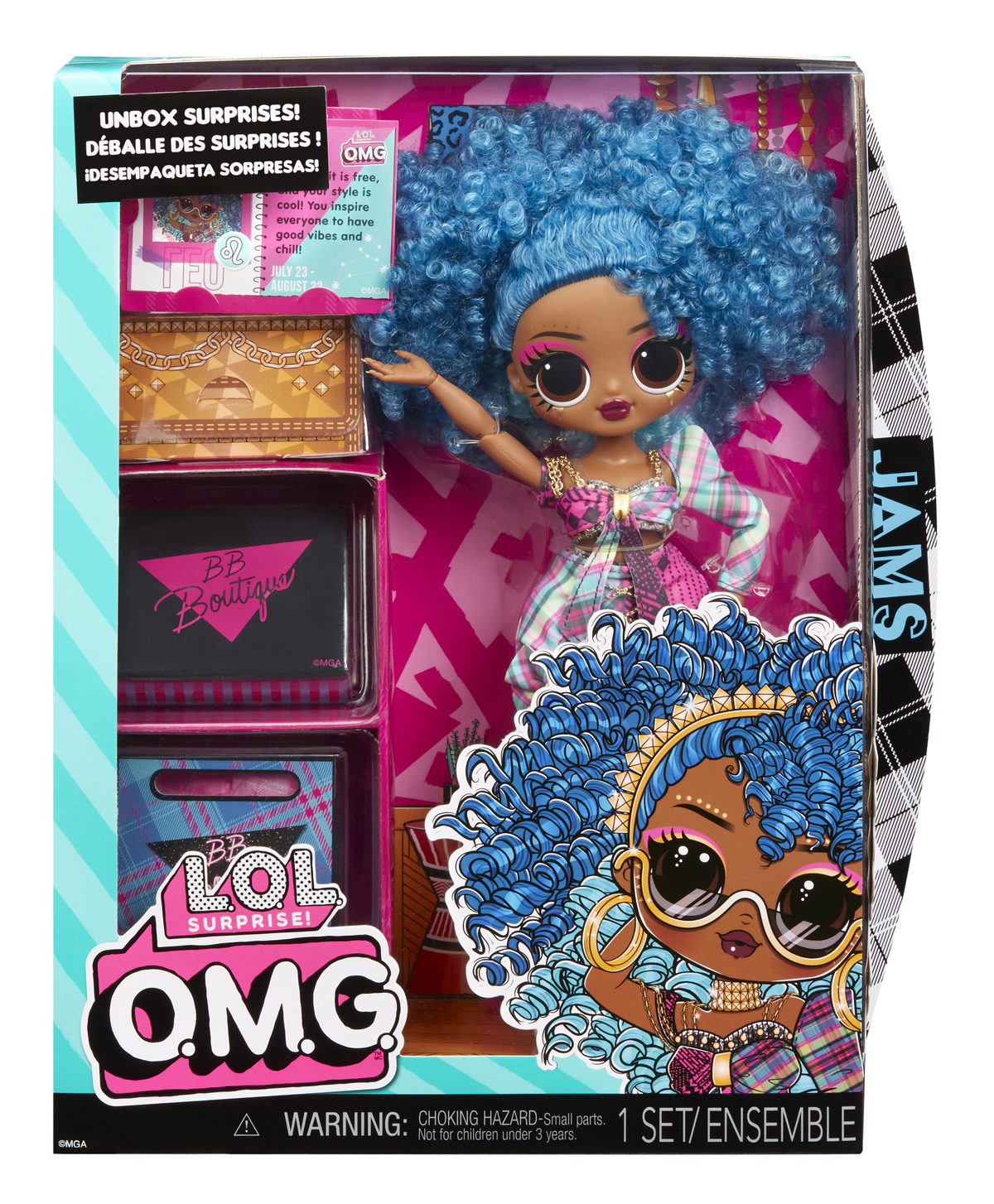 Lalka w opakowaniu. To lalka LOL Surprise OMG z niebieskimi włosami. Kolorowe pudełko.