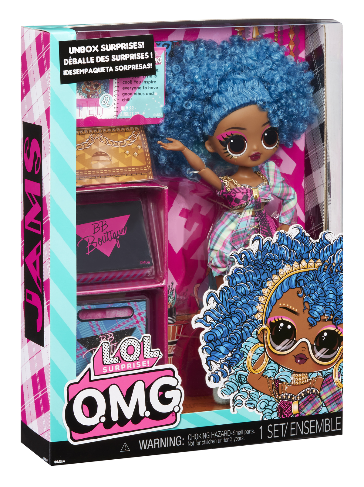 Pudełkowa lalka LOL Surprise OMG. Pudełko pokazuje obrazek lalki i lalkę.