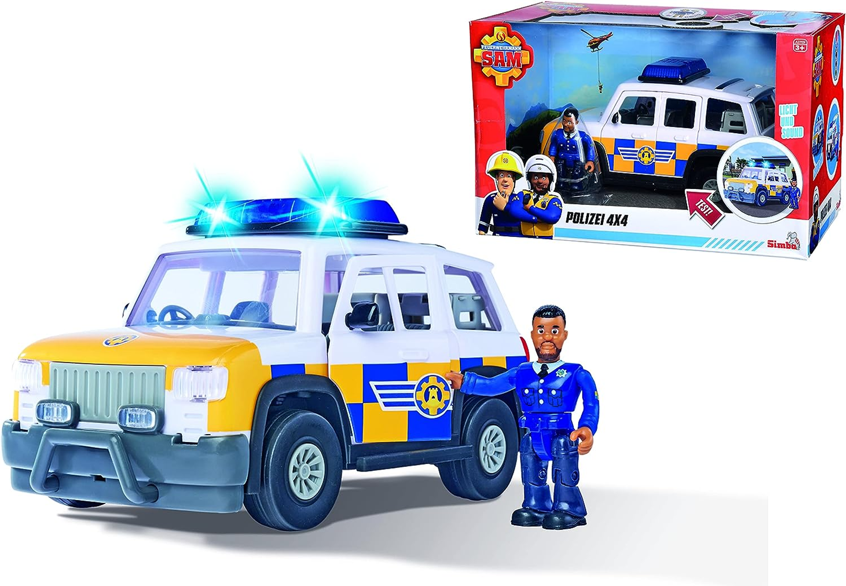 Ein Spielzeug-Polizeiauto mit einer Polizistenfigur und einer Schachtel im Hintergrund.